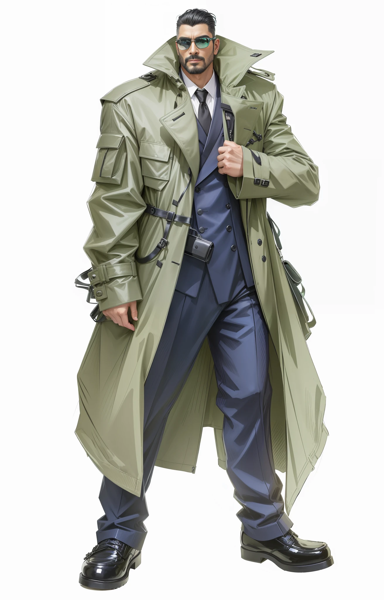 A cool uncle with sunglasses, black inch hairstyle, dark green trench coat, dark blue suit underneath, black leather shoes, full body, light