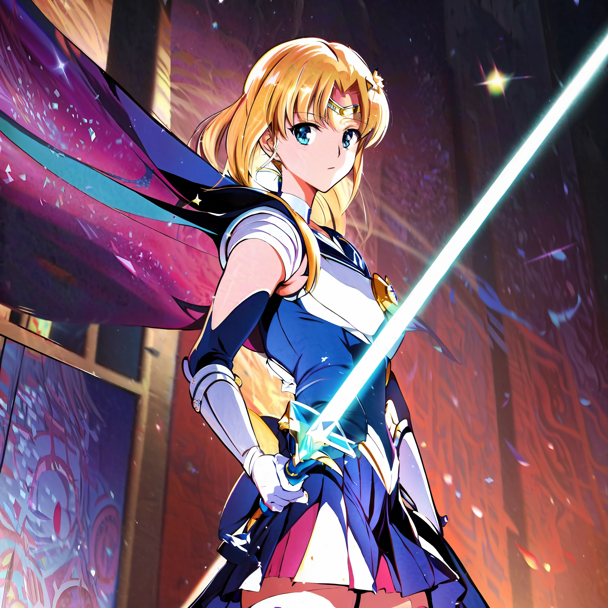 (high quality, ultra detailed, perfect anatomy, masterpiece) jedi, sailor venus, a close up of a woman with a sword in a room, gainax anime style, star wars, sailor moon, gainax, portrait of a female anime hero, studio gainax illustration, portrait knights of zodiac girl, artoria pendragon, studio gainax art, 8 0 s anime art style, art deco outrun anime aesthestic, anime key art