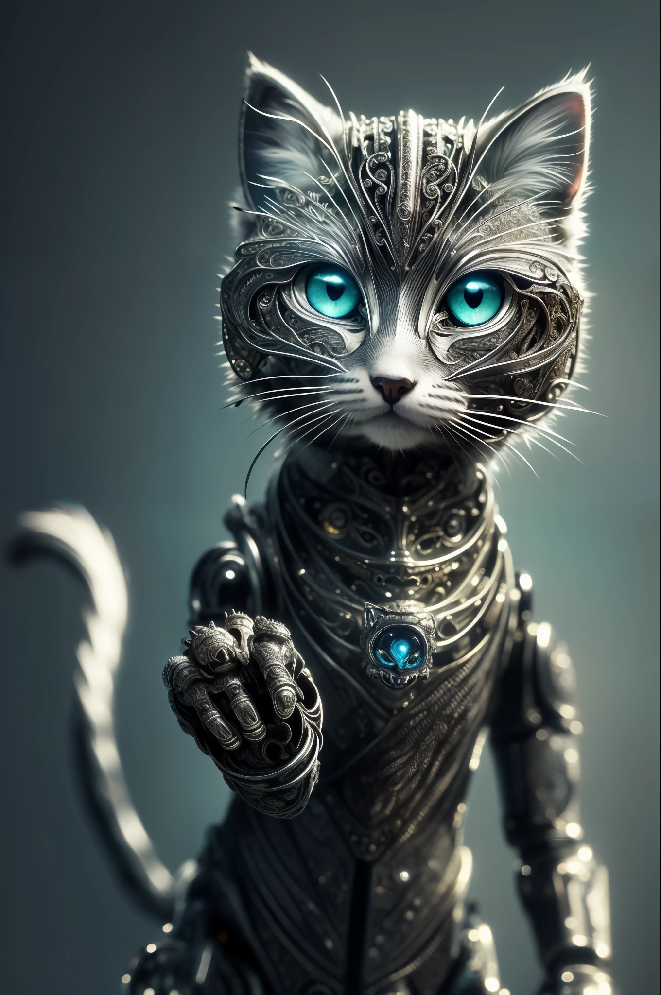 to8contrast style, a cute smoky kitten made out of metal, (cyborg:1.2), ([tail | detailed wire]:1.3), (intricate details), hdr, (intricate details, hyperdetailed:1.2), cinematic shot, vignette, centered, by Stray game, (the most beautiful portrait in the world:1.5)