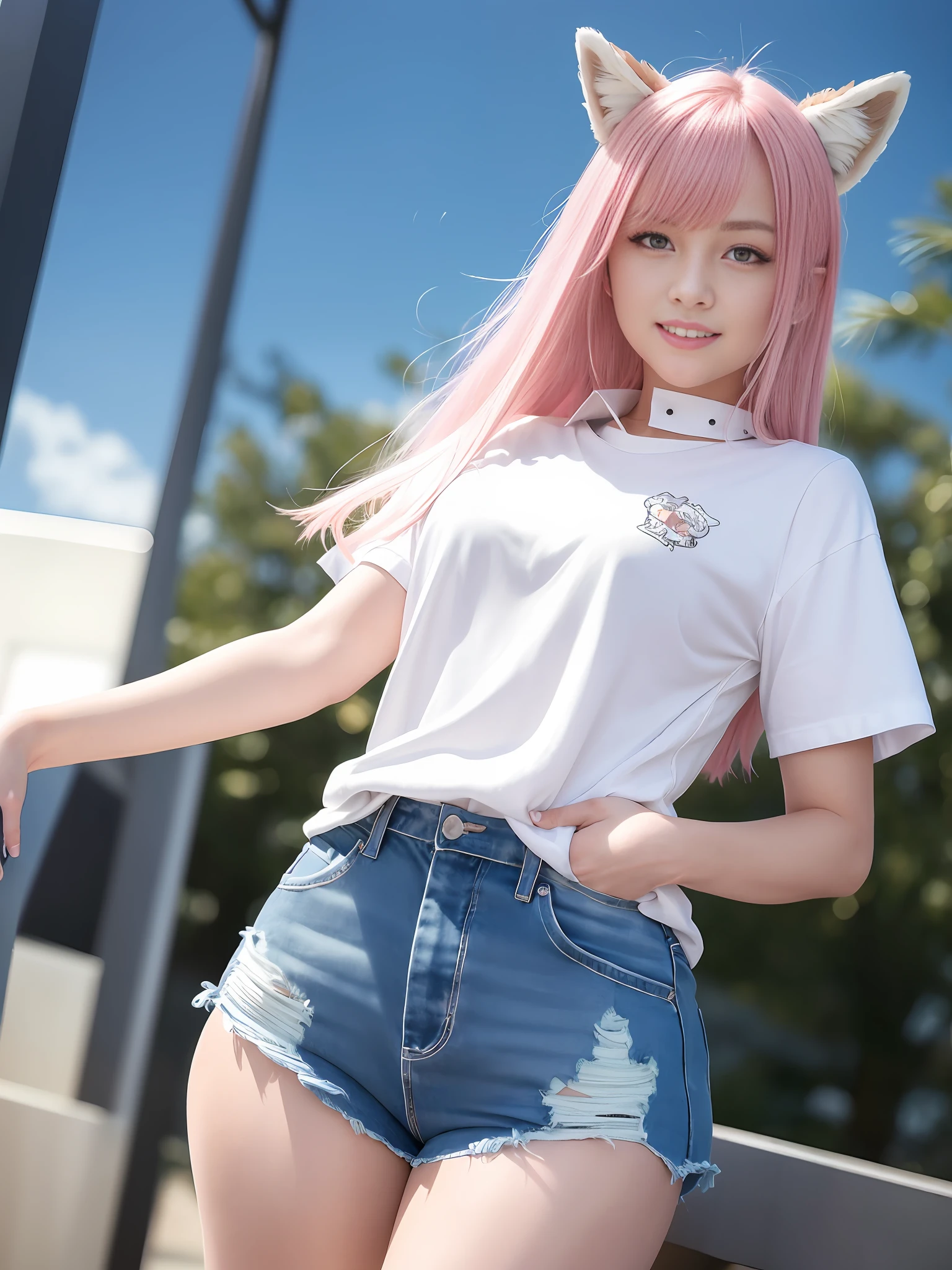 (64K, UHD, Best Quality, Masterpiece: 1.2), (Realistic, Photorealistic: 1.37), Super Detailed, Girl 1 Person, Cute, Solo, Beautiful Detailed Sky, Detailed Ballpark, Night, Full Length View, Standing, 23 years old, Height 167cm, Weight 55kg, Bust 85cm, F Cup, Waist 56cm, Hips 80cm, (Blushing nose), (Smile: 1.15), (Closed mouth), Big, Beautiful fine eyes, (shirt with collar: 1.1), wearing fox ears, wearing a fox tail, night, wet, fitted white baseball jersey, chest wide open, rain, (short hair: 1.2), floating hair NovaFrogStyle,