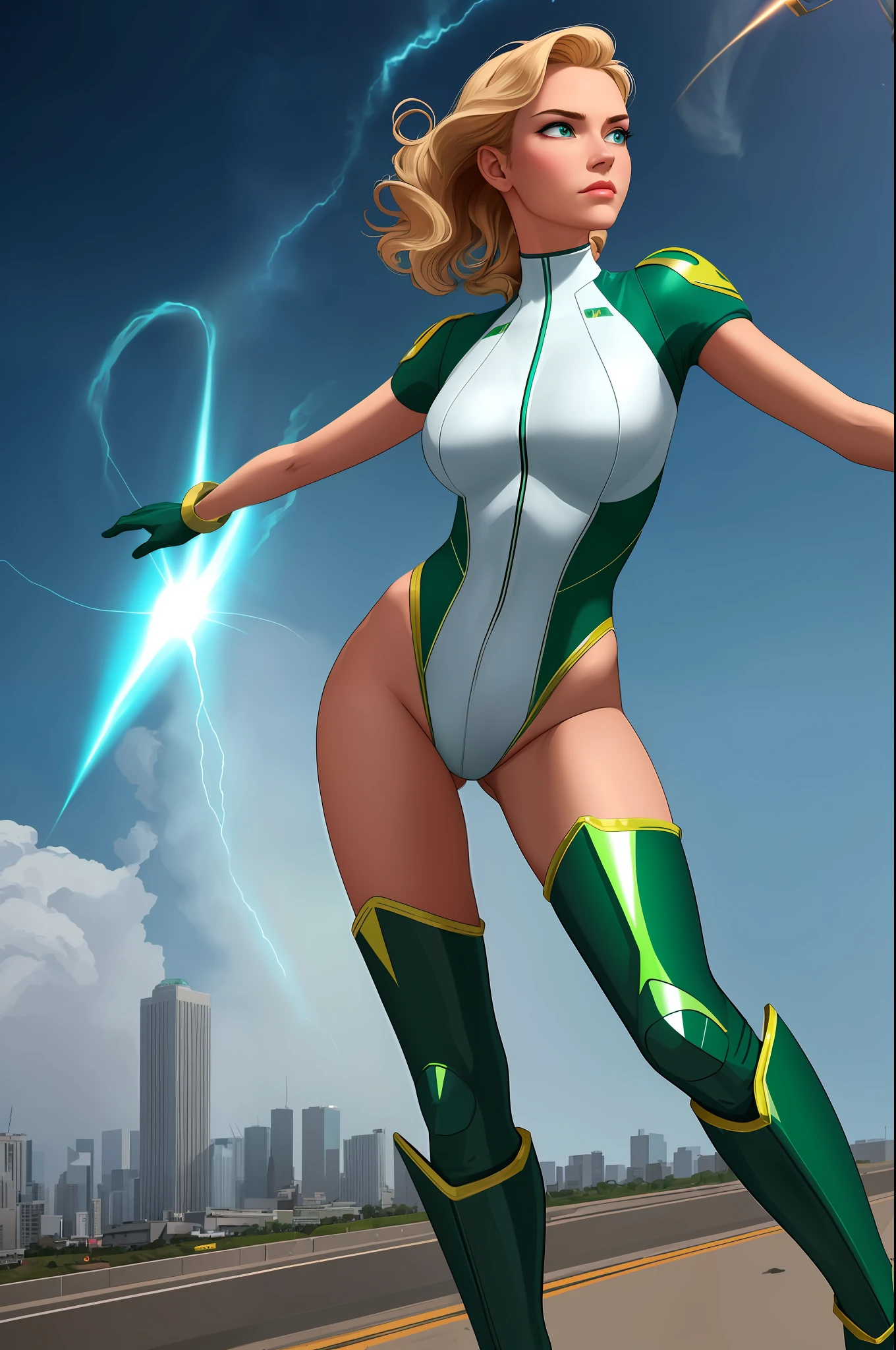 ((best quality)), ((masterpiece)), ((ultra realistic)), (dynamic sexy pose), american blonde, beautiful detailed face, detailed eyes, sexy us military officer, dressed in a green and white leotard, city backdrop, neon edge lighting, highly detailed, professional, bare legs, full body, medium hair, super spin, matching blue boots, tornado spin, standing, twirl, spinning cyclone, cyclone winds, powering up, wind particles, dust particles, cyclone particles, super spin, drilling spin, tornado drill,