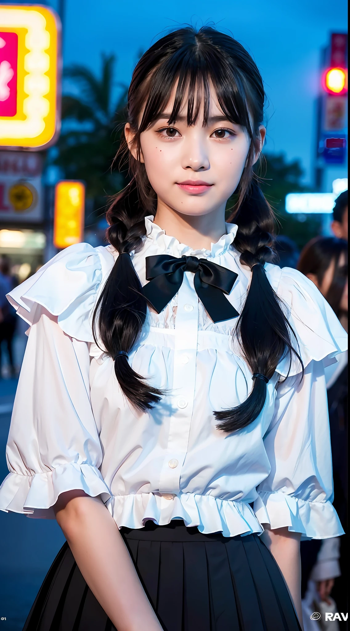 (8k, RAW photo, best quality, masterpiece:1.2), ultra detailed, ultra high res, (realistic, photo realistic:1.37), high detail RAW color photo, professional photograph, depth of field, an extremely delicate and beautiful, extremely detailed, 8k wallpaper, Amazing, finely detail, huge file size, official art, extremely detailed CG unity 8k wallpaper, extremely detailed beautiful girl, extremely detailed face, extremely detailed eyes, extremely detailed skin, extremely detailed fingers, extremely detailed nose, extremely detailed mouth, perfect anatomy, highly detailed background, extremely detailed clothing, 1girl, (18 years old:1.2), age, cute girl, famous japanese idol, kawaii, realistic body, petite, fair skin, shiny skin, slender body, good figure, black hair, (twintails:1.2), (wavy hair:1.2), (blunt bangs:1.2), smile, cute, young, cute face, baby face, realistic face, beautifully detailed eyes, drooping eyes, beautiful big eyes, large dark eyes, beautiful and clear eyes, (white ruffle blouse:1.3), (lace:1.2), (black pleated skirt:1.2), (black bow tie:1.1), earrings, (hair ribbon:1.2), looking at viewer, cowboy shot, face the front, standing posture, contrapposto, outdoors, (night:1.2), neon city, neon light, neon sign, public, crowd, dynamic lighting,