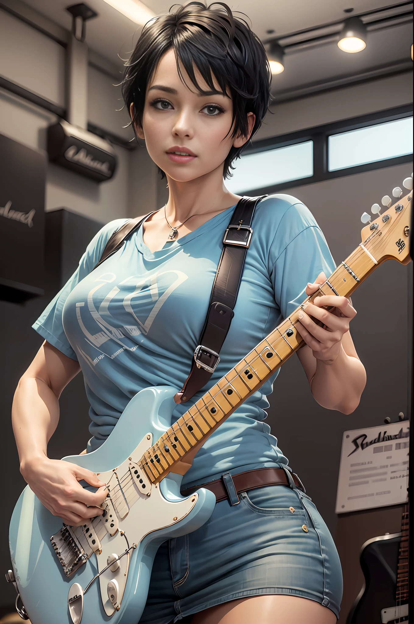 An American Rocker Woman, White Skin, ((35y old)) (Chubby: 1.5), Male Body, 1.5m Tall, (Chubby 75kg), (Short Hair: 0.1), (Pixie Cut Hair), (Straight Hair), (Black Hair), (Round Face: 1.7), (((Playing a Fender Stratocaster Guitar, Light Blue))))), (Four Fingers and a Thumb) ((Masterpiece)) Photo Realism, Superior Quality, Natural and Realistic, With Beautiful Finish and Precision,