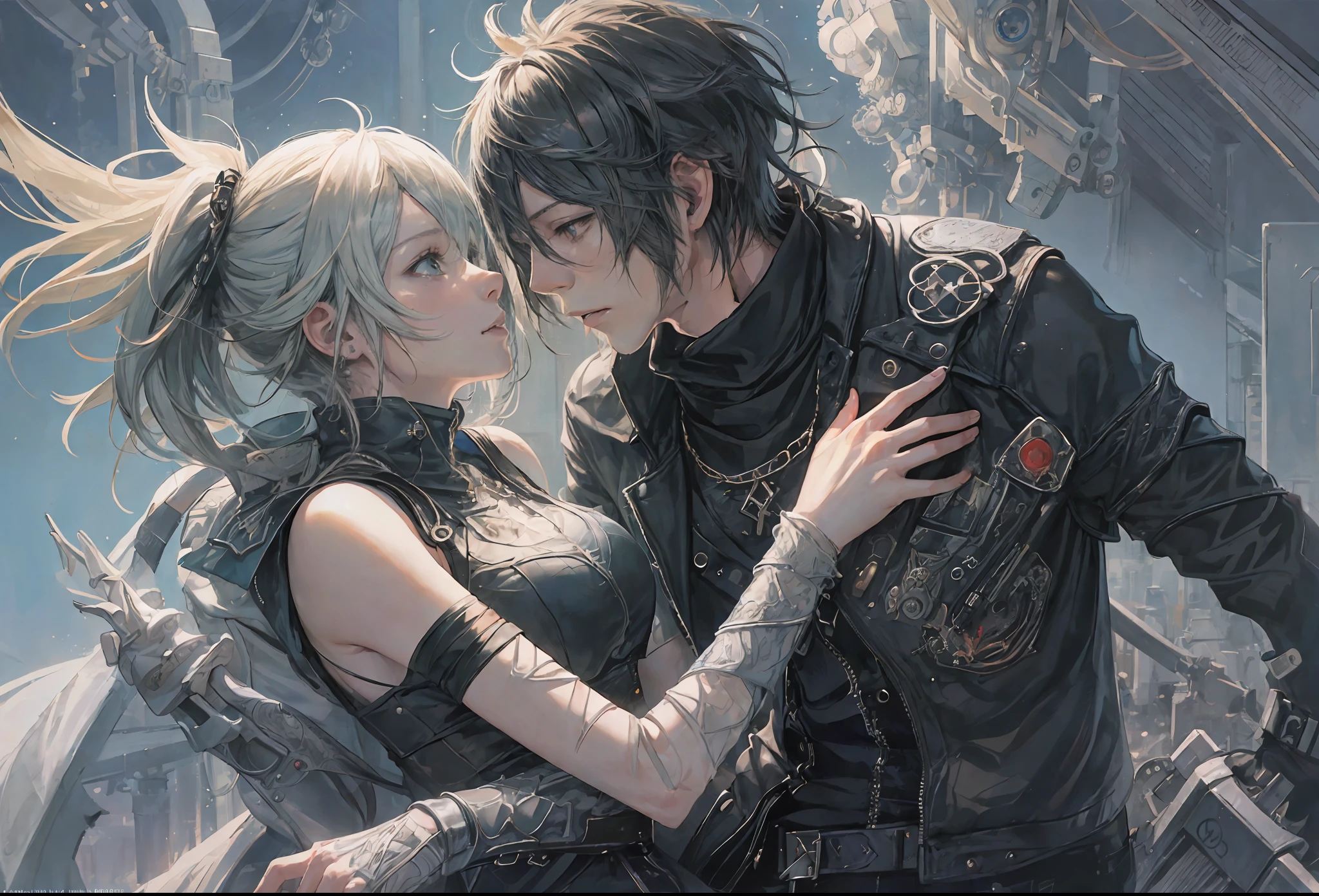 (((,lunafreya, noctis lucis caelum,))),final fantasy xv,Anime couple woman in a white dress, man in jacket and black shirt, kissing in between blue plants, Zerochan Art, Makoto Shinkai and Artgerm, Makoto Shinkai and Tom Bagshaw, Style of Final + Fantasy + 1 5, Advanced Digital Anime Art ", by Yuumei, Final Fantasy Fan Art, from Kingdom Hearts, Range Murata and Artgerm, Digital Art at Pixiv