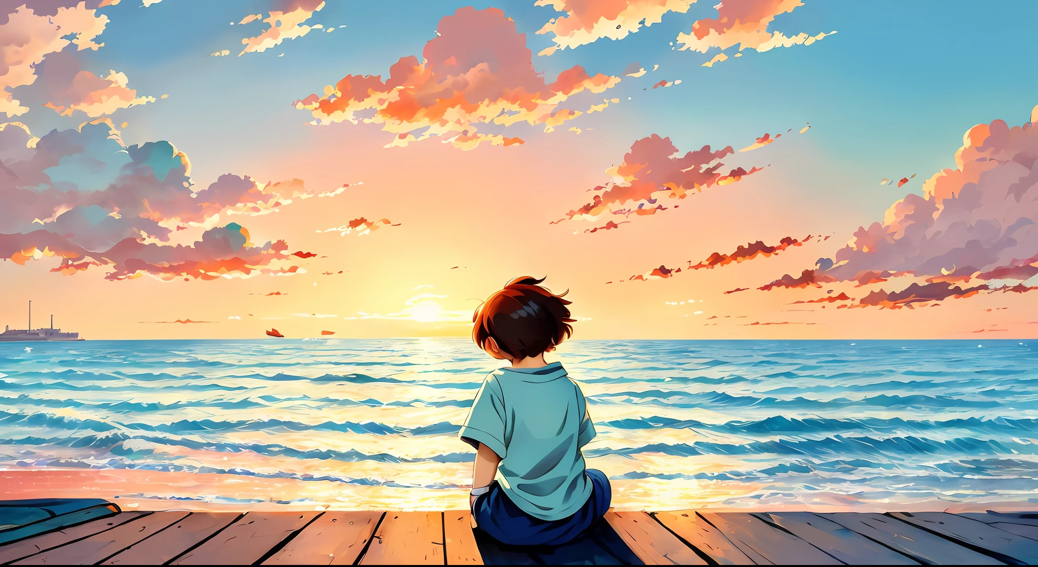 Masterpiece, highest quality, high definition CG unity 8k wallpaper, Japanese anime girl sitting on the seaside pier watching the sunset with the character image of Cyril Rolando and Goro Fujita, expressed in the style of Makoto Shinkai. The digital rendering is in the style of Rob Rey and Kentaro Miura, official art, and Satoshi Kon's art style.