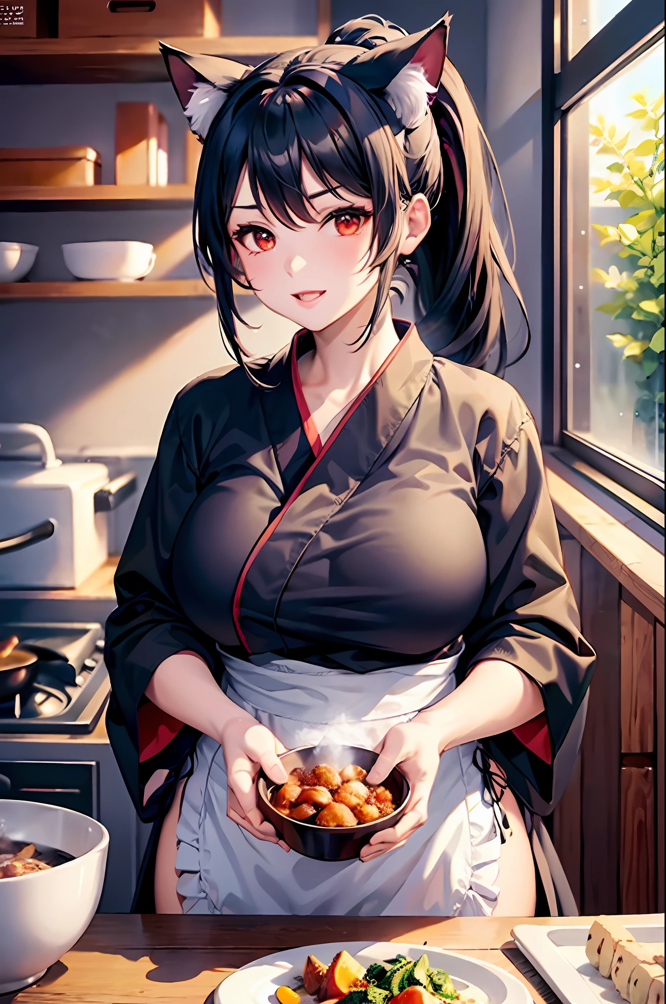 masterpiece, highest resolution, highest quality, kitchen, cooking, apron, black kimono, big breasts, cat ears, floral pattern, red eyes, black hair, ponytail,