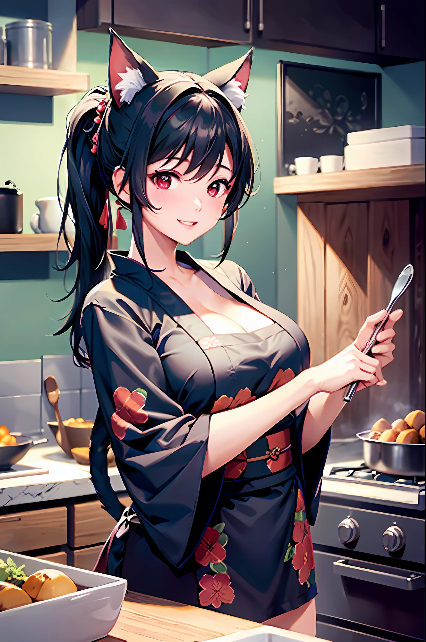 masterpiece, highest resolution, highest quality, kitchen, cooking, apron, black kimono, big breasts, cat ears, floral pattern, red eyes, black hair, ponytail,