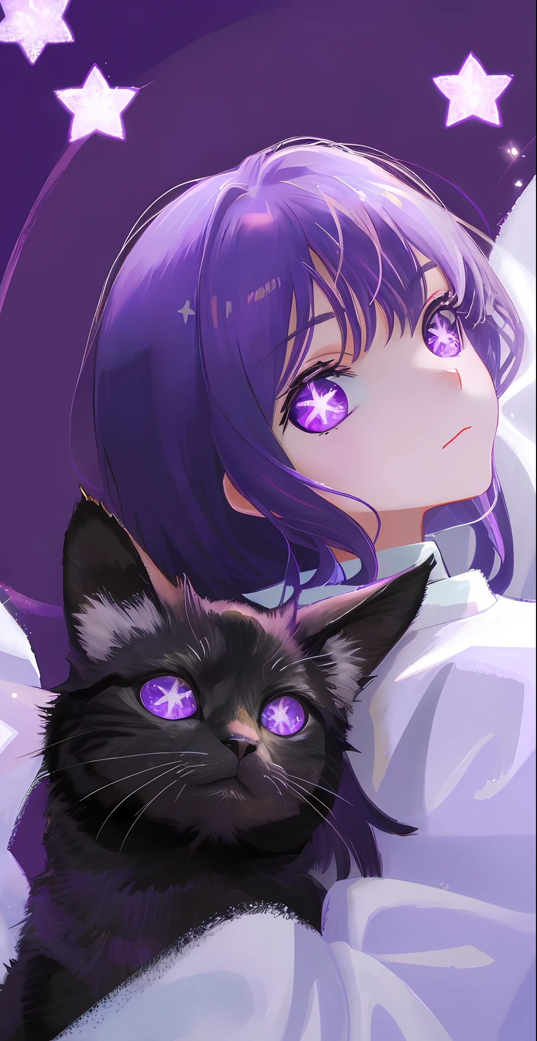 Cat, 1cat, small cat, purple fur, short purple fur, purple eyes, stars in eyes, white stars in eyes, white stars in purple eyes, sitting