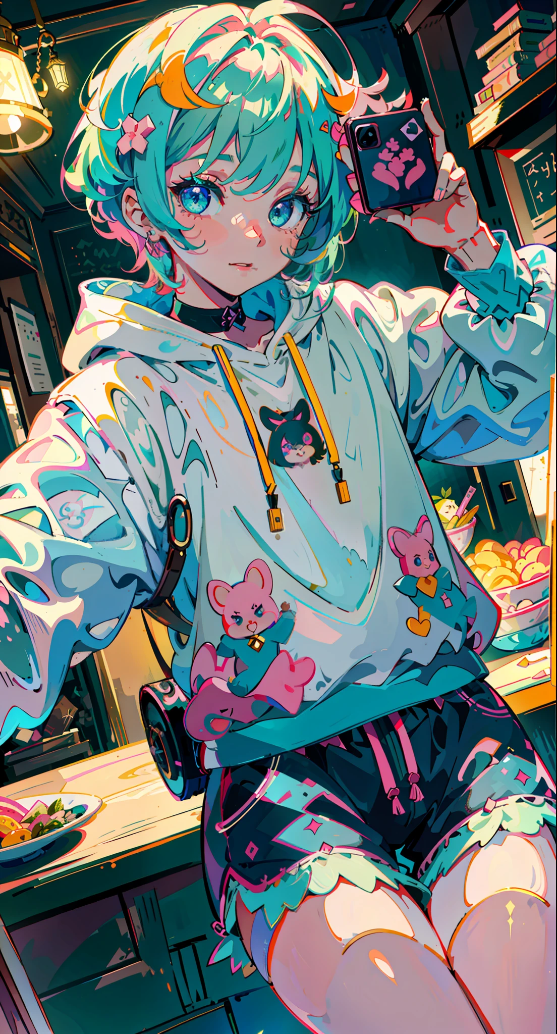 selfie, masterpiece, highly detailed, best quality, sharp focus, soft lighting, limited palette, pastel colors, cutesy, ((kawaii)), dark skin,
(banchan:1.3), smiling, solo,
dark brown hoodie, blue shorts,
green eyes, (green hair:0.6), (yellow hair:0.8), (gradient hair:0.6), short hair, bradis