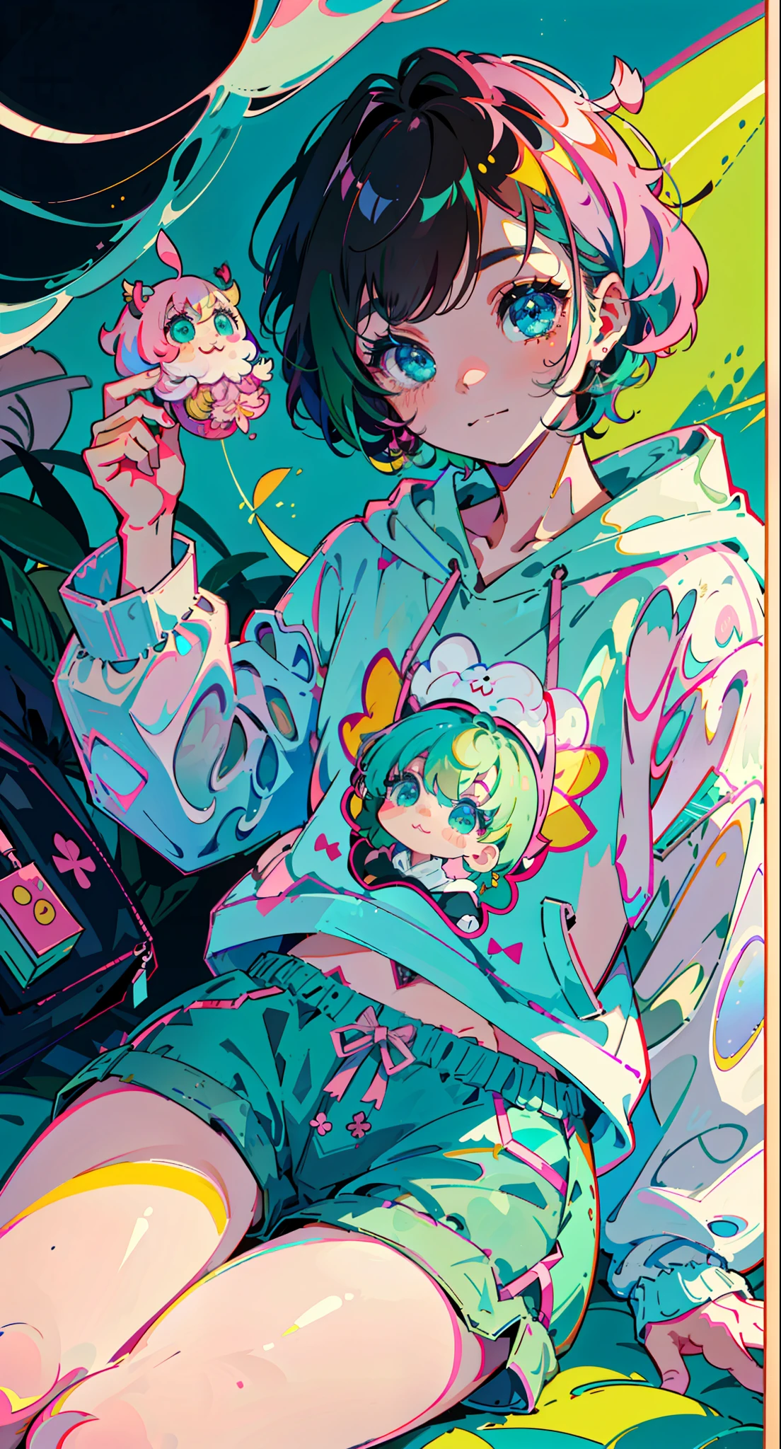 selfie, masterpiece, highly detailed, best quality, sharp focus, soft lighting, limited palette, pastel colors, cutesy, ((kawaii)), dark skin,
(banchan:1.3), smiling, solo,
dark brown hoodie, blue shorts,
green eyes, (green hair:0.6), (yellow hair:0.8), (gradient hair:0.6), short hair, bradis