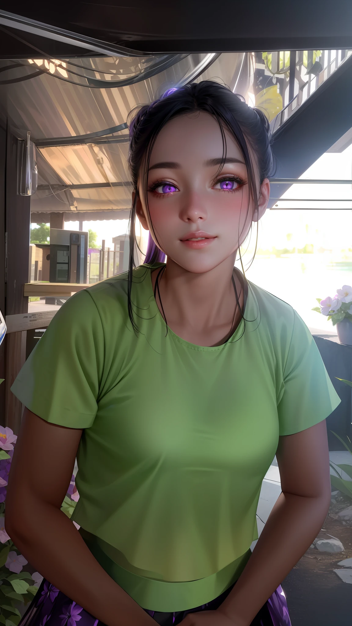 (masterpiece), best quality, ultra-realistic, 1girl with ((glowing+purple) eyes),black (hair+clothing), (crop top+skirt) outfit, (parted lips+blush), moonlit night, surrounded by beautiful flowers, (sun+sunlight) scene.she is smiling happy