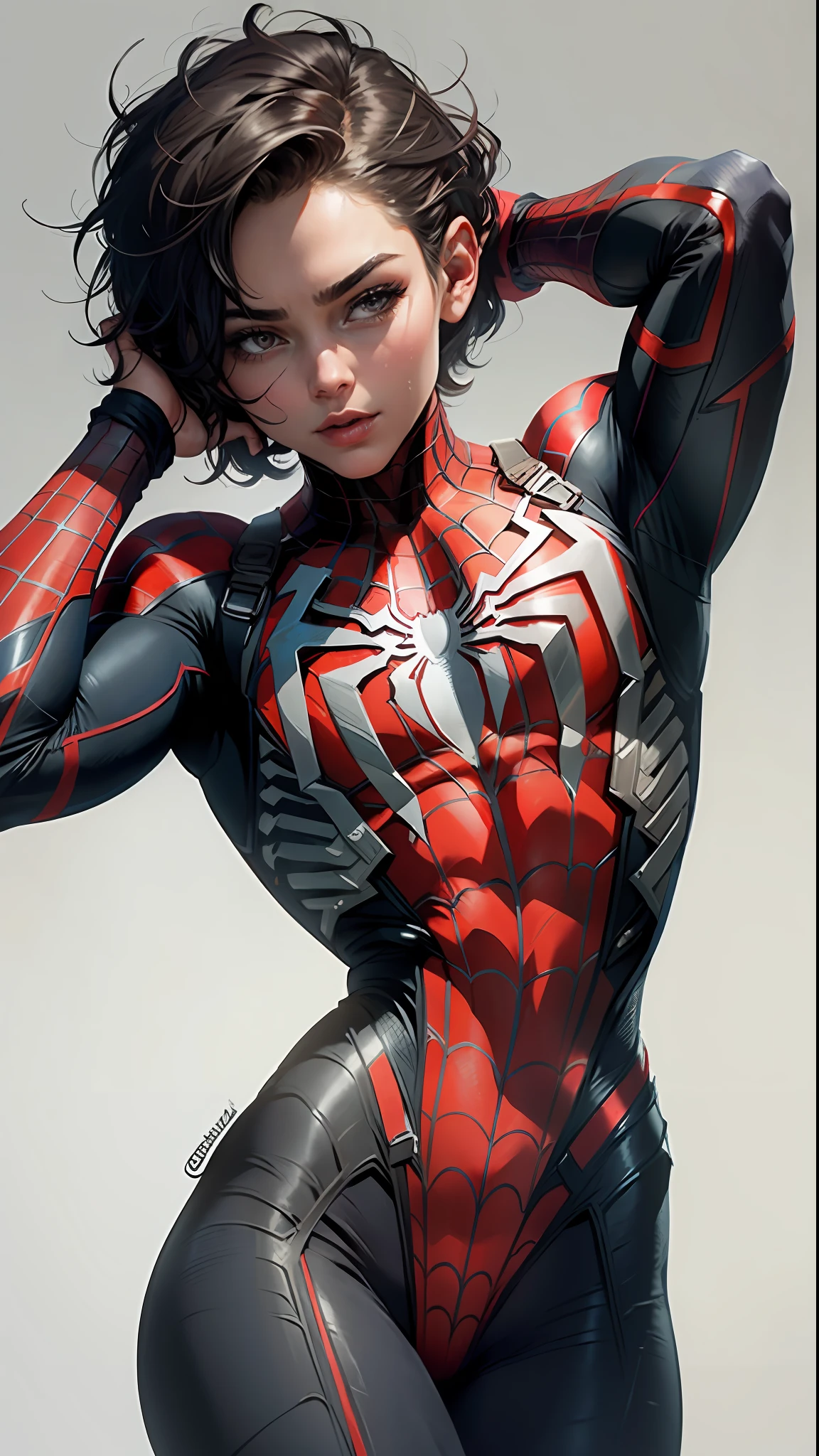 Beautiful short hair defines body, wearing Spider-Man roleplay