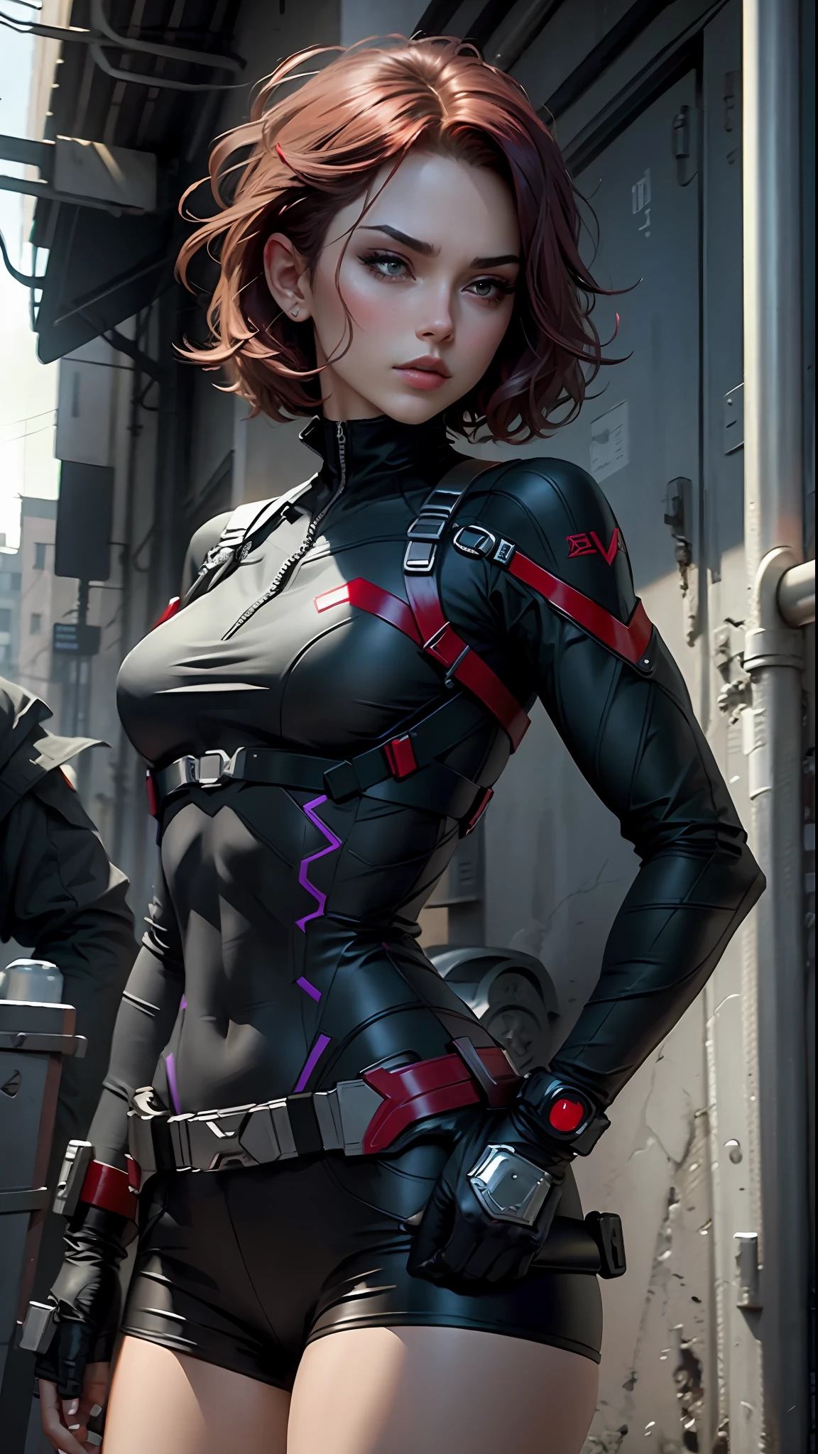 Beautiful short hair defines body, wearing black widow role play