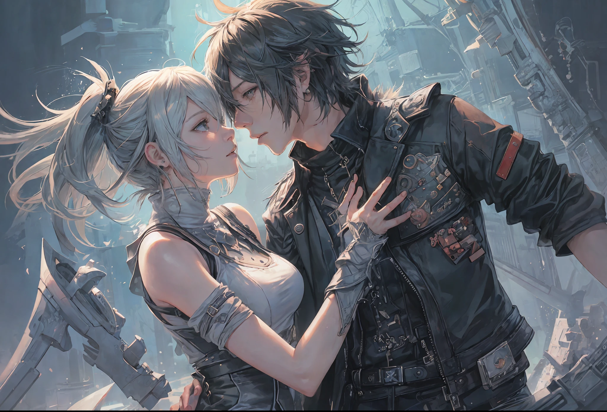 (((,lunafreya, noctis lucis caelum,))),final fantasy xv,Anime couple woman in a white dress, man in jacket and black shirt, kissing in between blue plants, Zerochan Art, Makoto Shinkai and Artgerm, Makoto Shinkai and Tom Bagshaw, Style of Final + Fantasy + 1 5, Advanced Digital Anime Art ", by Yuumei, Final Fantasy Fan Art, from Kingdom Hearts, Range Murata and Artgerm, Digital Art at Pixiv