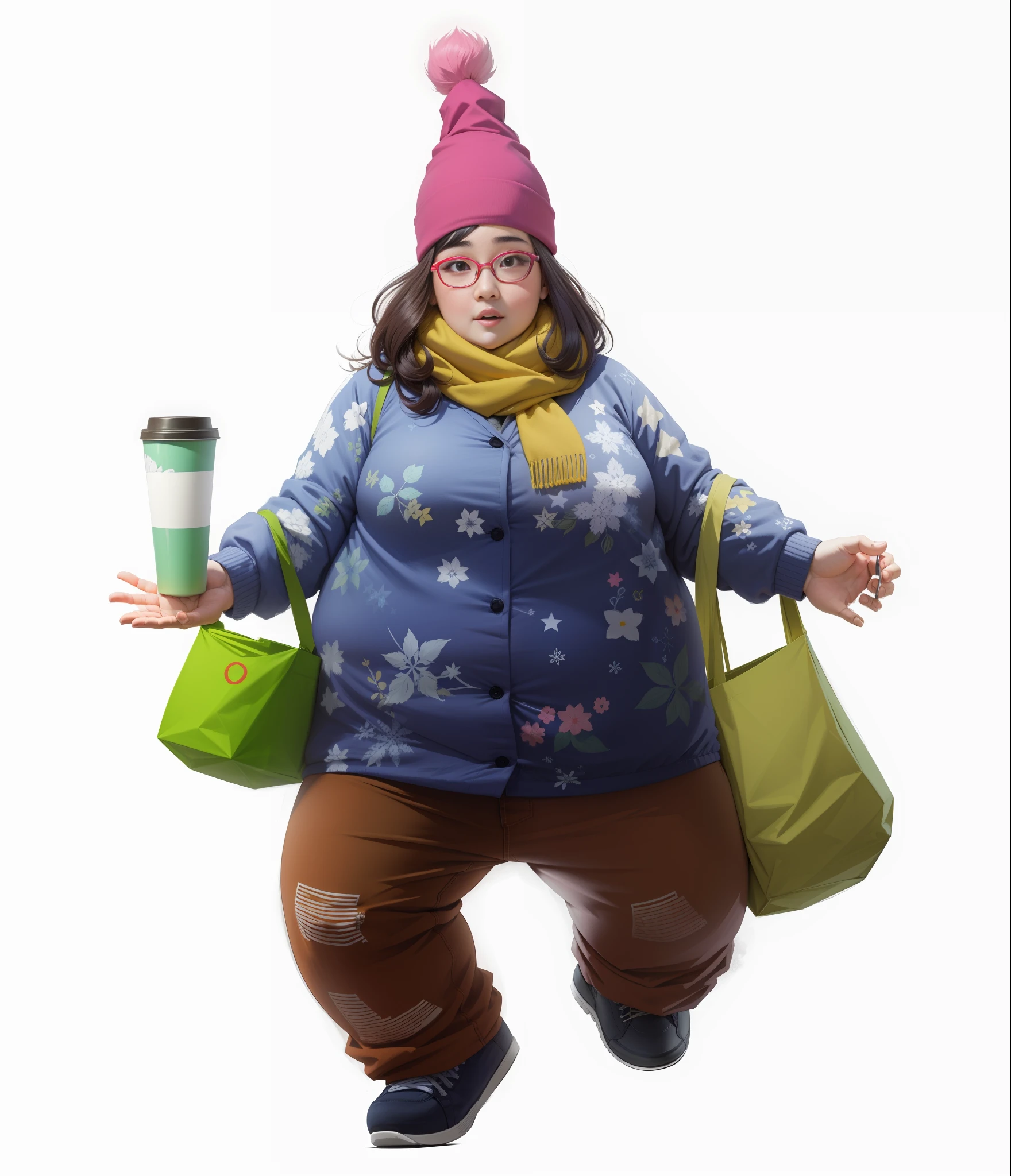 A very fat ugly woman, fat face, red nose, ugly, with glasses, yellow scarf, pink beanie on the head, blue cotton jacket, coffee-colored pants, cup in right hand, green cloth cloth band, whole body, light