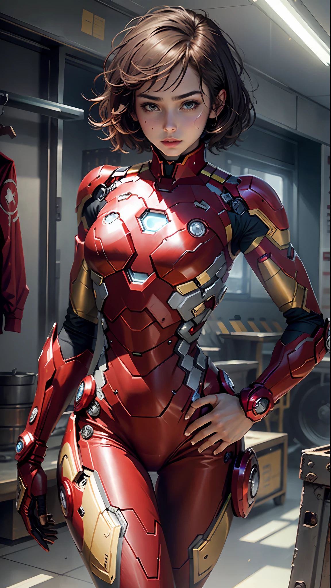 Beautiful short hair defines the body, wearing Iron Man roleplay