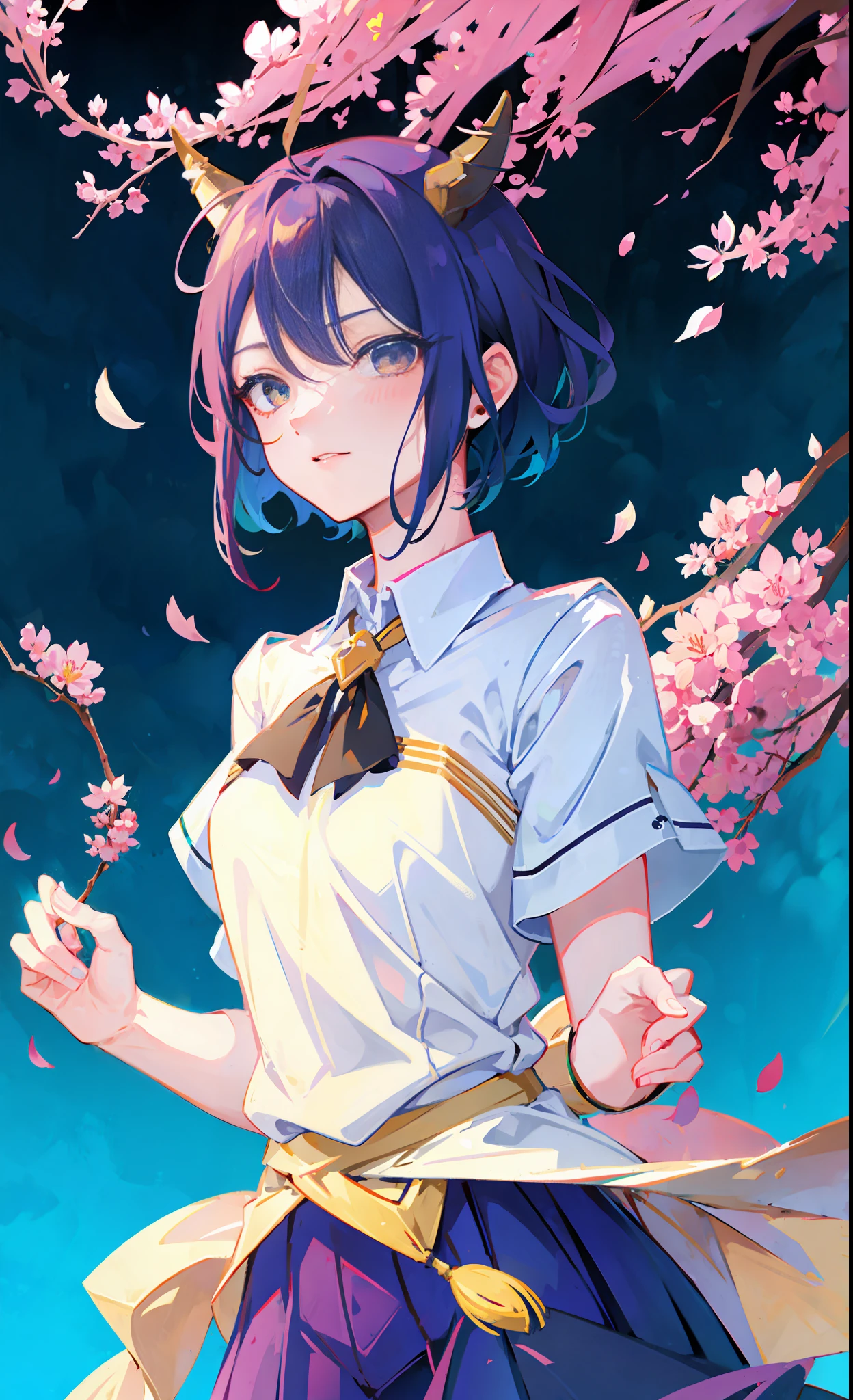 1girl), top of head green 1.8, hair tail blue 1.2, short hair, straight eyes, immortal cultivator, dragon tail, horn two, upper body, cherry blossom, streamer, animation lighting, professional pose