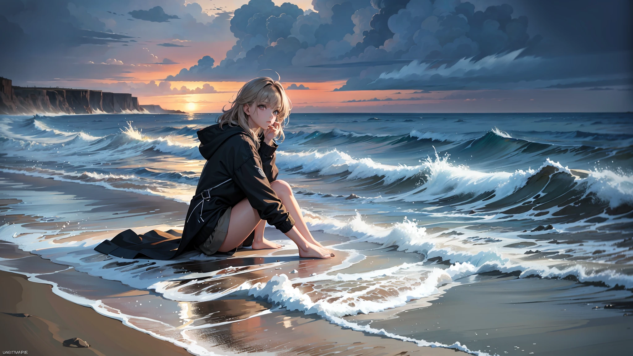 (masterpiece, best quality: 1.2), ultra detailed, cinematic lighting, HDR, illustration, landsape, 1girl, (soft colors), post-apocalyptic beach, the night, desolate atmosphere, girl sitting on the sand, covered vegetation, (overcast sky), waves crashing on the coast, (melancholic but hopeful), quiet moment of respite, (detailed textures), windswept hair, cloudy at night