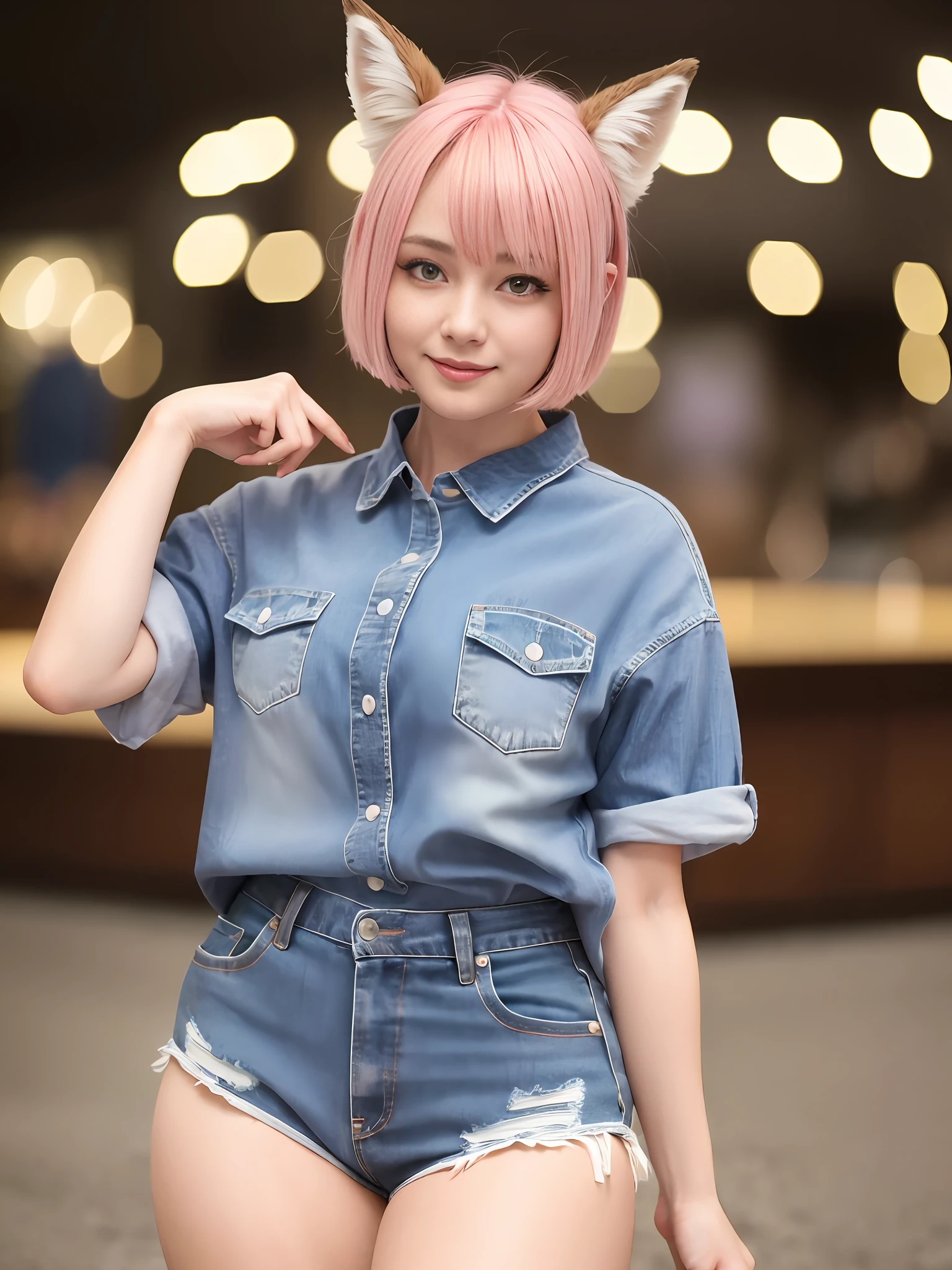 (64K, UHD, Best Quality, Masterpiece: 1.2), (Realistic, Photorealistic: 1.37), Super Detail, 1 Girl, Cute, Solo, Beautiful Detailed Sky, Detailed Ballpark, Night, Full Length View, Standing, One Leg Up, Right Hand Raised High, Left Hand Slightly Raised, 23 years old, Height 167cm, Weight 55kg, Bust 85cm, F Cup, Waist 56cm, Hips 80cm , (blushing nose), (smile: 1.15), (closed mouth), big, beautiful fine eyes, (shirt with collar: 1.1), wearing fox ears, night, wet, fitted white collared shirt, denim shorts, fox tailed, chest wide open, rain, (short hair: 1.2), floating hair NovaFrogStyle,