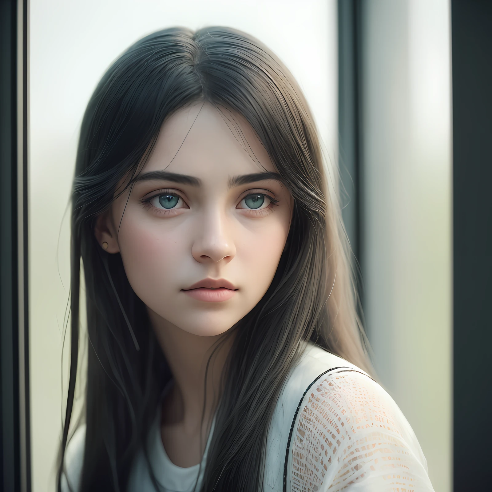 (Masterpiece) Create a ultrarealistic photograph of a beautiful and thoughtful young lady, looking through a window in a rainy day, drops of rain are dripping throughout the window glass, unreal engine, 85 mm, intimate, photograph, wonder, amazement, cinematic lighting  view, empty wonder, amazement, cinematic, 8k,  view, empty, stock photo, movie still, cinematic lighting. photograph, detailed symmetric realistic face, extremely detailed natural texture, peach fuzz, long hair, masterpiece, absurdres, nikon d850 film stock photograph, kodak portra 400 camera f1.6 lens, extremely detailed, amazing, fine detail, hyper realistic lifelike texture, dramatic lighting, unrealengine, trending on artstation, cinestill 800 tungsten, looking through the window , photo realistic, RAW photo, TanvirTamim, high quality, highres, sharp focus, extremely detailed, cinematic lighting, 8k uhd,-imagine-