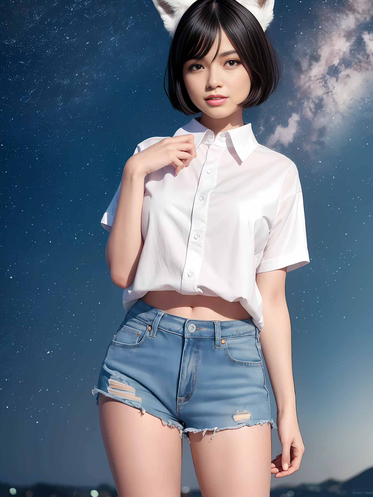 (64K, UHD, Best Quality, Masterpiece: 1.2), (Realistic, Photorealistic: 1.37), Super Detail, 1 Girl, Cute, Solo, Beautiful Detailed Sky, Detailed Ballpark, Night, Full Length View, Standing, One Leg Up, Right Hand Raised High, Left Hand Slightly Raised, 23 years old, Height 167cm, Weight 55kg, Bust 85cm, F Cup, Waist 56cm, Hips 80cm , (blushing nose), (smile: 1.15), (closed mouth), big, beautiful fine eyes, (shirt with collar: 1.1), wearing fox ears, night, wet, fitted white collared shirt, denim shorts, fox tailed, chest wide open, rain, (short hair: 1.2), floating hair NovaFrogStyle,