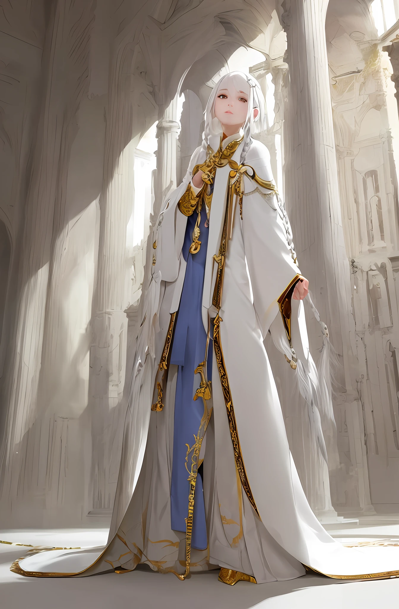 Excellent, masterpiece, a girl, white hair, golden eyes, white clothes, looking up, full body, fair skin, side braids