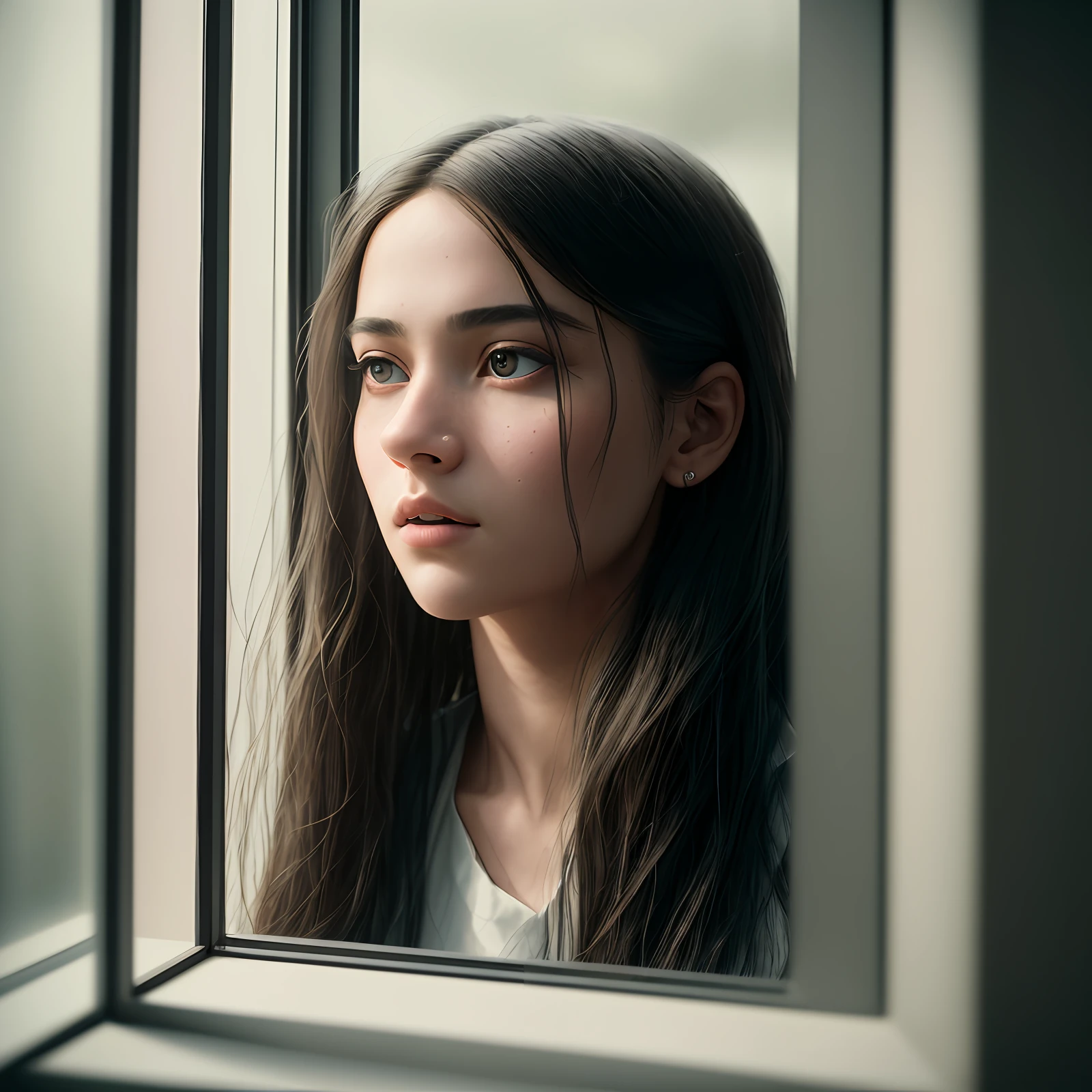 (Masterpiece) Create a ultrarealistic photograph of a beautiful and thoughtful young lady, looking through a window in a rainy day, drops of rain are dripping throughout the window glass, unreal engine, 85 mm, intimate, photograph, wonder, amazement, cinematic lighting  view, empty wonder, amazement, cinematic, 8k,  view, empty, stock photo, movie still, cinematic lighting. photograph, detailed symmetric realistic face, extremely detailed natural texture, peach fuzz, long hair, masterpiece, absurdres, nikon d850 film stock photograph, kodak portra 400 camera f1.6 lens, extremely detailed, amazing, fine detail, hyper realistic lifelike texture, dramatic lighting, unrealengine, trending on artstation, cinestill 800 tungsten, looking through the window , photo realistic, RAW photo, TanvirTamim, high quality, highres, sharp focus, extremely detailed, cinematic lighting, 8k uhd,-imagine-