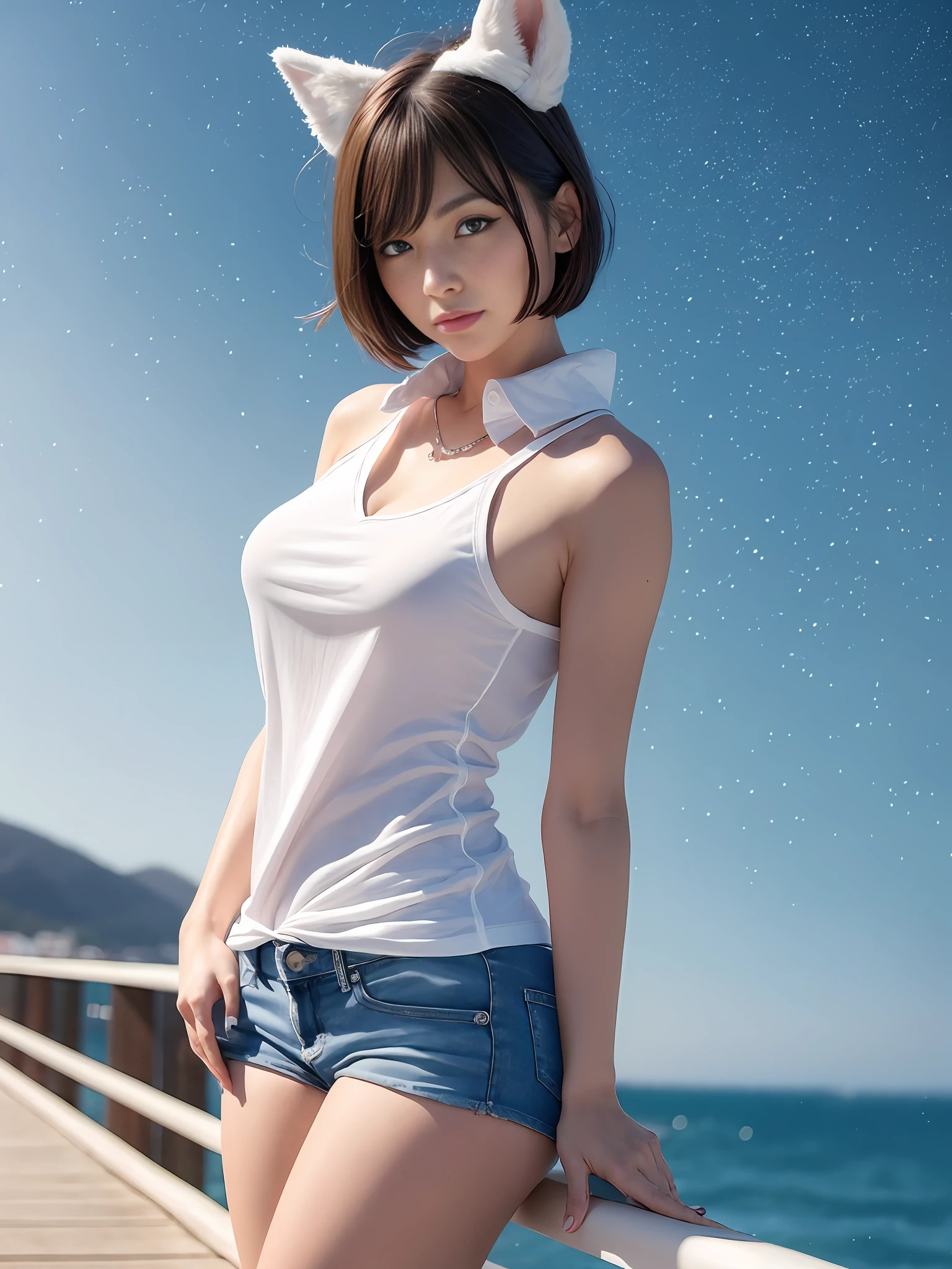 (64K, UHD, Best Quality, Masterpiece: 1.2), (Realistic, Photorealistic: 1.37), Super Detail, 1 Girl, Cute, Solo, Beautiful Detailed Sky, Detailed Ballpark, Night, Full Length View, Standing, One Leg Up, Right Hand Raised High, Left Hand Slightly Raised, 23 years old, Height 167cm, Weight 55kg, Bust 85cm, F Cup, Waist 56cm, Hips 80cm , (blushing nose), (smile: 1.15), (closed mouth), big, beautiful fine eyes, (shirt with collar: 1.1), wearing fox ears, night, wet, fitted white collared shirt, denim shorts, fox tailed, chest wide open, rain, (short hair: 1.2), floating hair NovaFrogStyle,