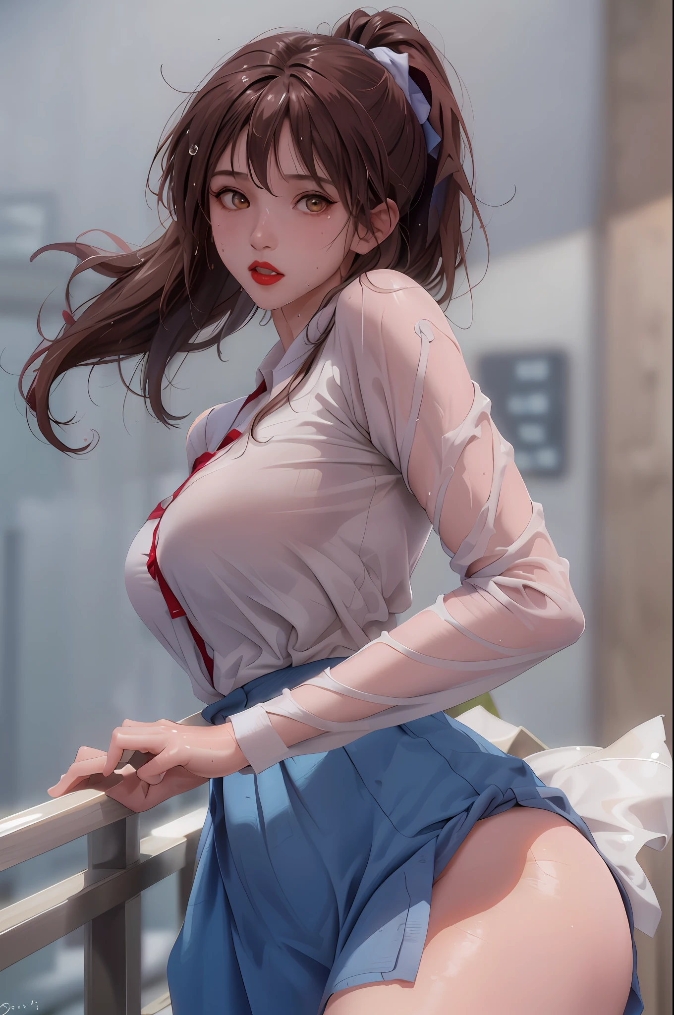 Masterpieces: 1.2, Best Quality), Realistic, (Real Pictures, Rich Detail Detail, Depth of Field), Bath Towel, (1 Girl, Solo, Cleft Lip, Perfect Face Shape, (: 1.4), (Skin Dents), Thick Thighs, Wide Buttocks, Thin Waist, Tall Man, Blue, Red Lips, Red Eyes, High Ponytail, (Sweat: 1.2), (Wet), Sexy, Blush, Bent, High Detail, Bathroom