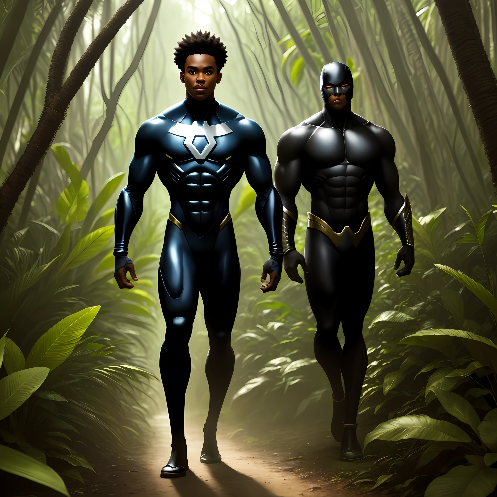 negroid superhero full body image stand in a tropical forest