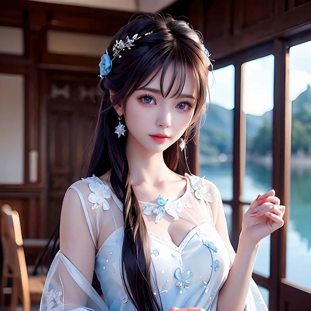 ((masterpiece:1.15), (artwork), (amazing desinger), (studio lighting), perfectionist art, (eye details), (delicate body), a beautiful and thin girl, wearing a beautiful white dress, (long hair) blue and her skin is white, in a setting (8k CG of extremely detailed unit) of a lake in the background, well detailed, the eyes of the young woman are shimmering blue. --v6