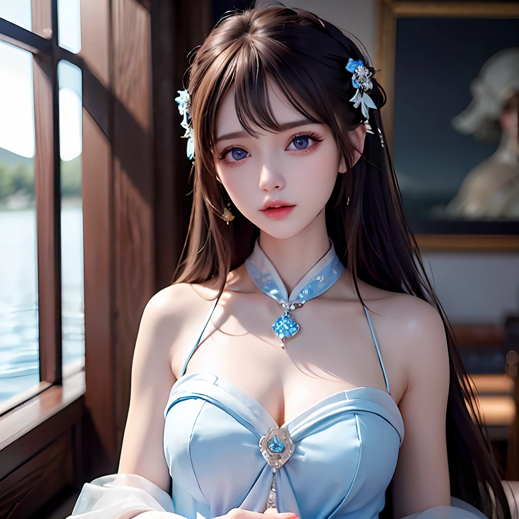 ((masterpiece:1.15), (artwork), (amazing desinger), (studio lighting), perfectionist art, (eye details), (delicate body), a beautiful and thin girl, wearing a beautiful white dress, (long hair) blue and her skin is white, in a setting (8k CG of extremely detailed unit) of a lake in the background, well detailed, the eyes of the young woman are shimmering blue. --v6