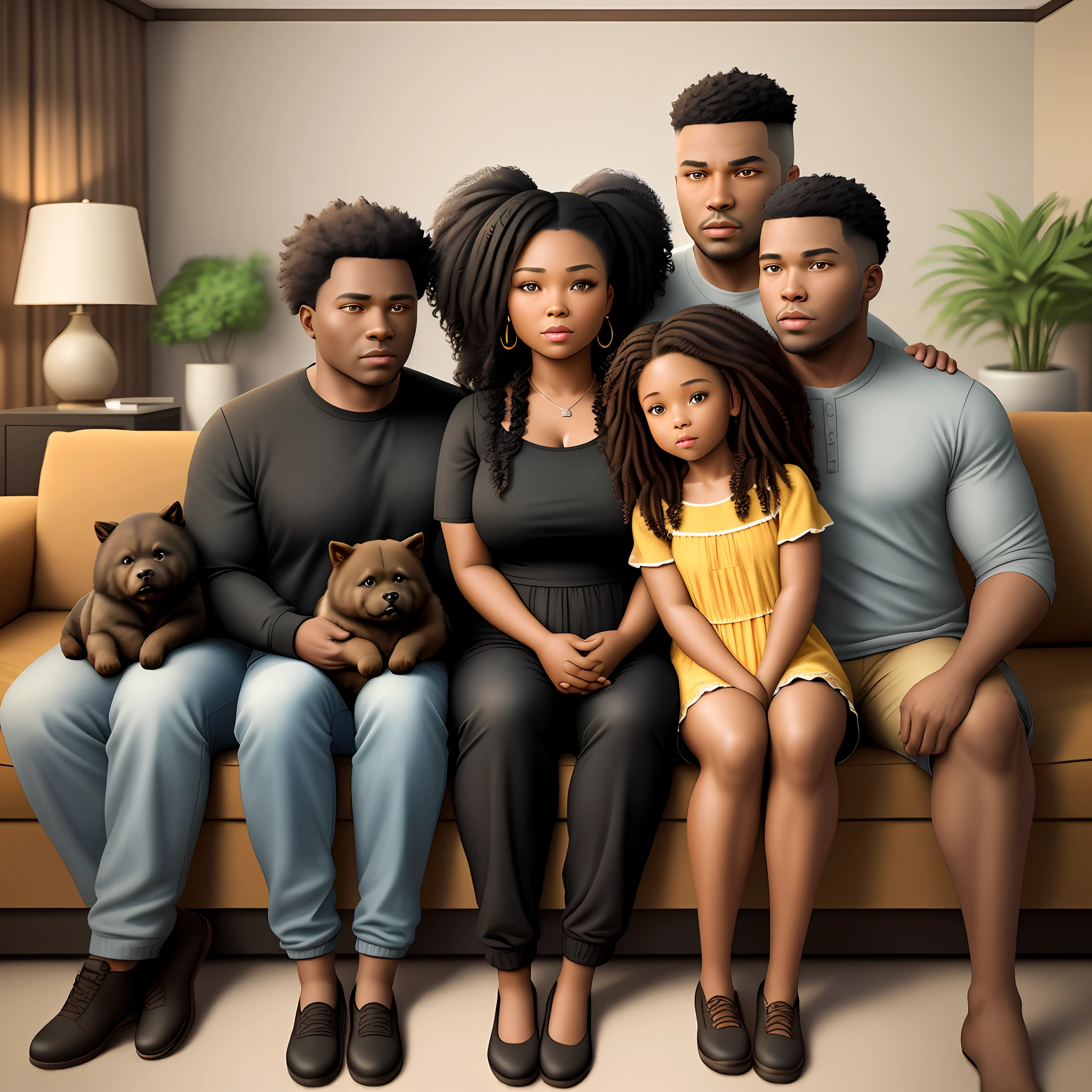a family with five black people and a caramel chow chow sitting on the sofa, ultra realistic 3D illustration, realistic illustration, realistic style, "photorealistic image, realistic 3D style, photo-realistic style, family portrait, realistic movie yet, realistic image, real realistic image, realistic art, photorealistic image, hyper realistic image"