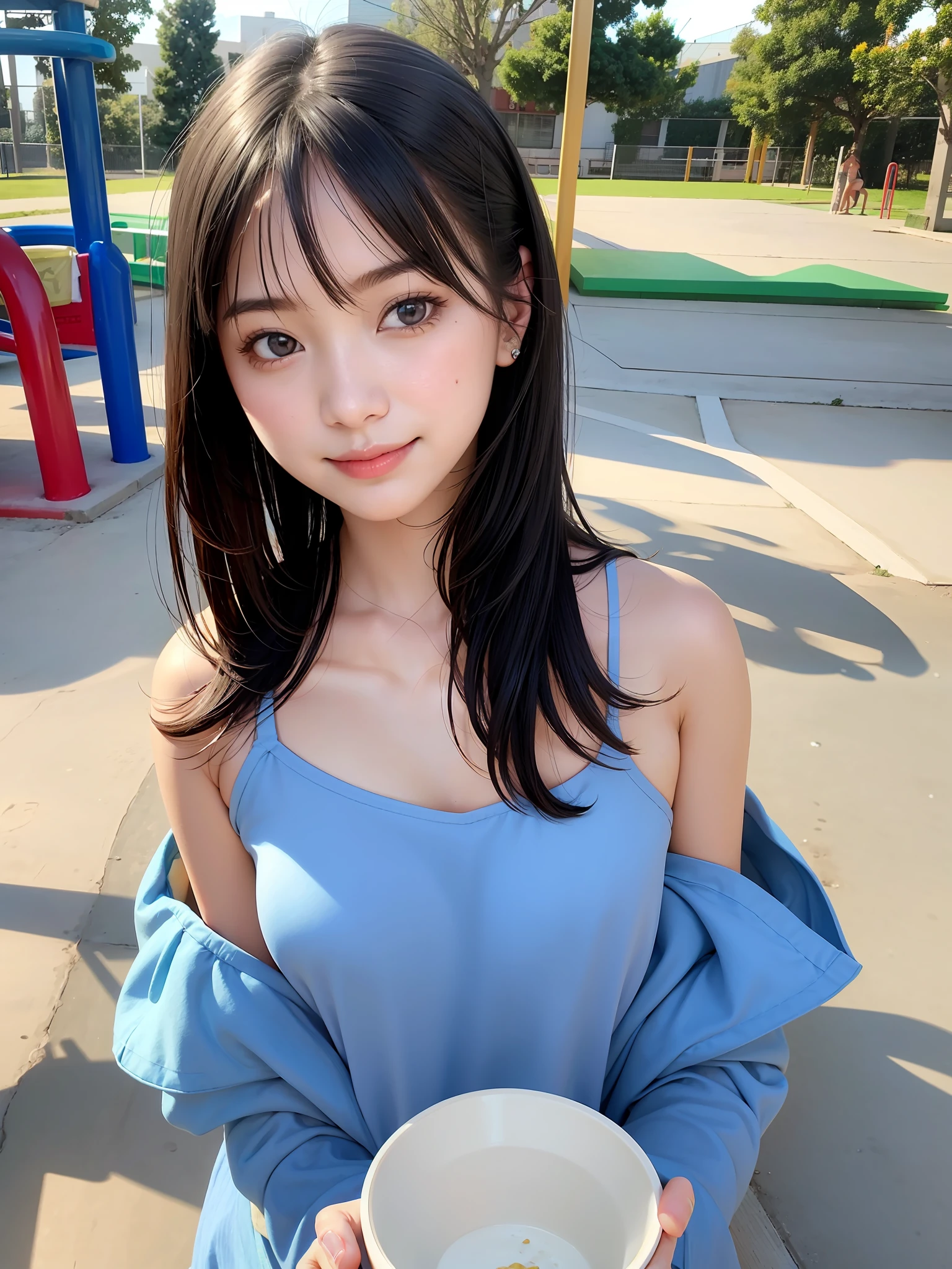 1girl, offshoulder, light smile, shiny skin
best quality, masterpiece, Eating artapushi at the playground, (photorealistic:1.4)