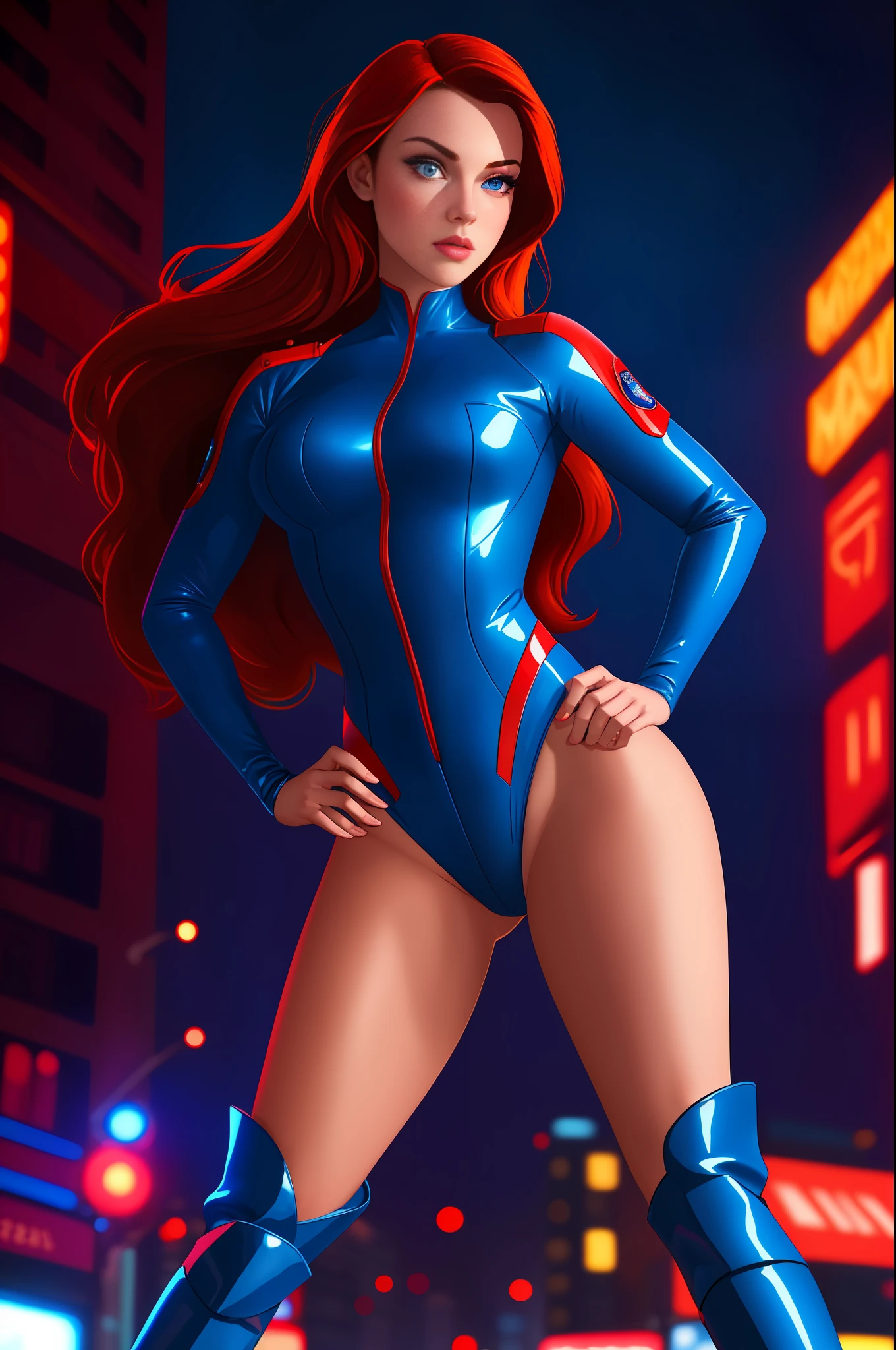 ((best quality)), ((masterpiece)), ((ultra realistic)), (dynamic sexy pose), french redhead, beautiful detailed face, detailed eyes, sexy police woman, dressed in a blue and red leotard, city backdrop, neon edge lighting, highly detailed, professional, bare legs, full body, hands on hip, matching boots, standing,