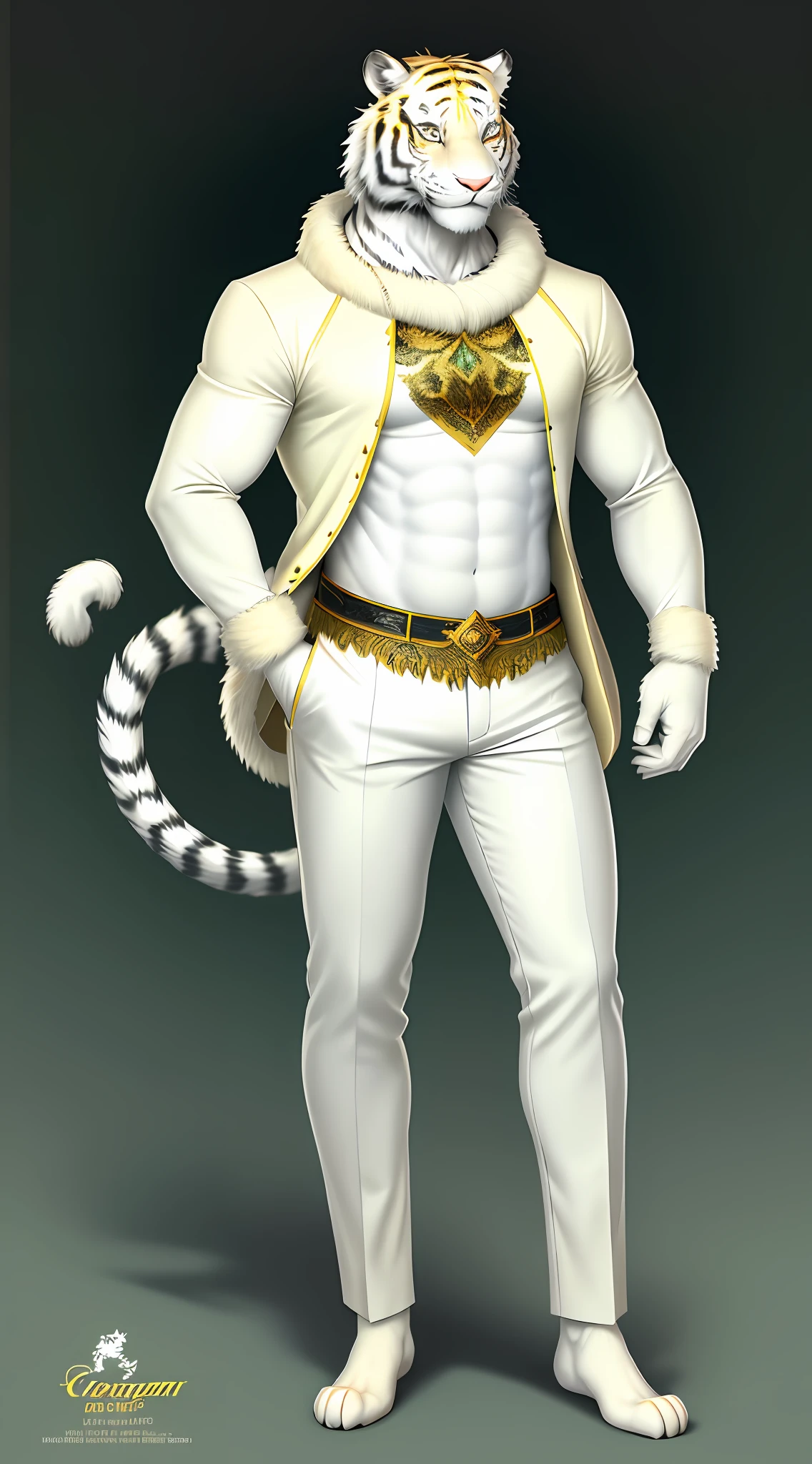 Furry art, white and light yellow tiger, full body, male, fancy clothing, hand paws, tail, blue poncho, shirt, belly exposed, pants, ornaments, innocent look, looking at the viewer, smile, smiling, comic art style, detailed fur, hairy body, 8K, dynamic lighting, beautiful, green background.