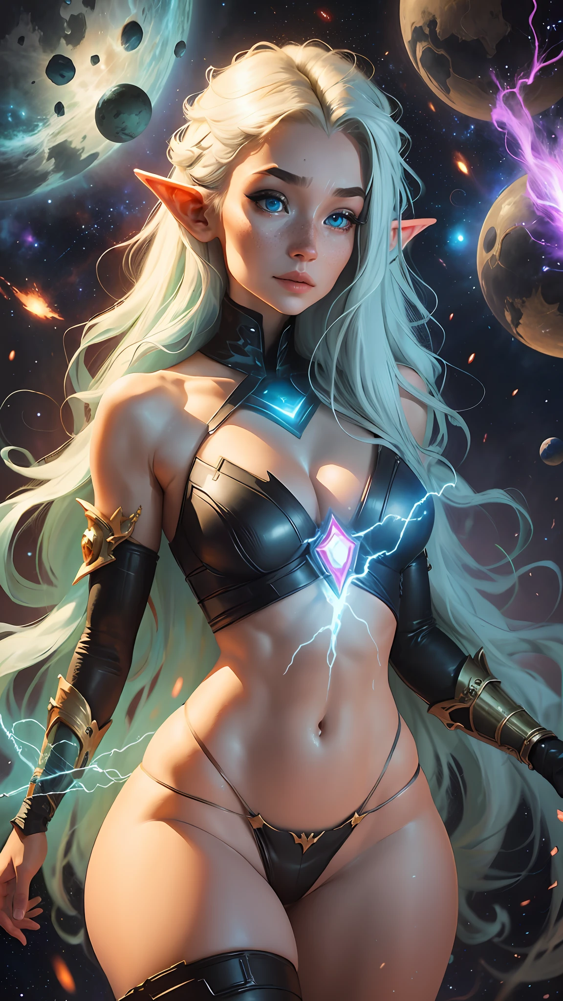 a portrait of an elf with freckles and bright striking blue eyes posing for a photo, thick legs, muscular, fit, defined abs, full body, thong, white freckles, long flowing green hair flying, portrait, beautiful pale makeup, color portrait, et, stunning portrait, elegant freckles, wearing black thongs, black gloves, starshine, gold dust spread across the skin and face, walking. (background of magical night forest, deep woods, starlight skies), soft cinematic light, soft tones, insane details, intricate details, suitable for viewing in public places, { in a distant future where the boundaries between science fiction and fantasy have dissolved, the world is a tapestry of awe-inspiring wonders. Enter a universe where magic and technology coexist in harmony, shaping the destiny of civilizations across vast reaches of space.At the heart of this realm lies the Celestial Nexus, an intergalactic hub of mystical energies and technological marvels. Here, arcane knowledge intertwines with cutting-edge science, giving rise to a society where spaceships are imbued with the power of ancient spells, and technology is augmented by the mystic arts.Embark on a grand odyssey as a young explorer, destined to unravel the secrets of the Celestial Nexus. As you traverse the uncharted realms of the cosmos, encounter diverse civilizations teeming with beings who possess extraordinary abilities. From the ethereal Elven Spires, where the art of inter-dimensional travel is perfected, to the cybernetic enclaves of the Android Conglomerate, witness the tapestry of life as magic and technology intertwine.Unleash your latent powers as you become attuned to the energies that flow through the Nexus. Harness the ancient incantations of forgotten sorceries to propel your star-ship across the vast expanse of the cosmos. Engage in epic battles against cosmic abominations and interstellar tyrants, wielding enchanted }