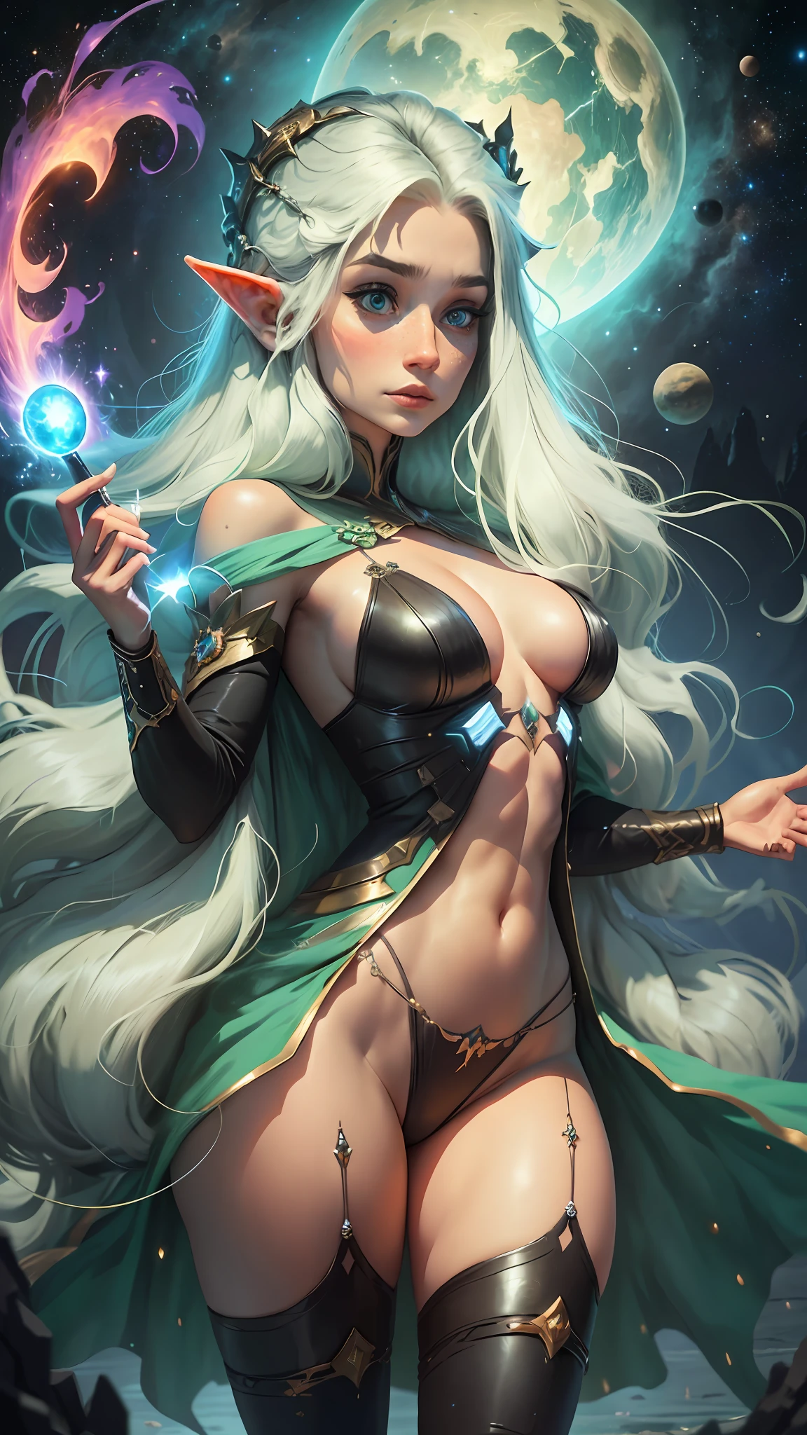 a portrait of an elf with freckles and bright striking blue eyes posing for a photo, thick legs, muscular, fit, defined abs, full body, thong, white freckles, long flowing green hair flying, portrait, beautiful pale makeup, color portrait, et, stunning portrait, elegant freckles, wearing black thongs, black gloves, starshine, gold dust spread across the skin and face, walking. (background of magical night forest, deep woods, starlight skies), soft cinematic light, soft tones, insane details, intricate details, suitable for viewing in public places, { in a distant future where the boundaries between science fiction and fantasy have dissolved, the world is a tapestry of awe-inspiring wonders. Enter a universe where magic and technology coexist in harmony, shaping the destiny of civilizations across vast reaches of space.At the heart of this realm lies the Celestial Nexus, an intergalactic hub of mystical energies and technological marvels. Here, arcane knowledge intertwines with cutting-edge science, giving rise to a society where spaceships are imbued with the power of ancient spells, and technology is augmented by the mystic arts.Embark on a grand odyssey as a young explorer, destined to unravel the secrets of the Celestial Nexus. As you traverse the uncharted realms of the cosmos, encounter diverse civilizations teeming with beings who possess extraordinary abilities. From the ethereal Elven Spires, where the art of inter-dimensional travel is perfected, to the cybernetic enclaves of the Android Conglomerate, witness the tapestry of life as magic and technology intertwine.Unleash your latent powers as you become attuned to the energies that flow through the Nexus. Harness the ancient incantations of forgotten sorceries to propel your star-ship across the vast expanse of the cosmos. Engage in epic battles against cosmic abominations and interstellar tyrants, wielding enchanted }
