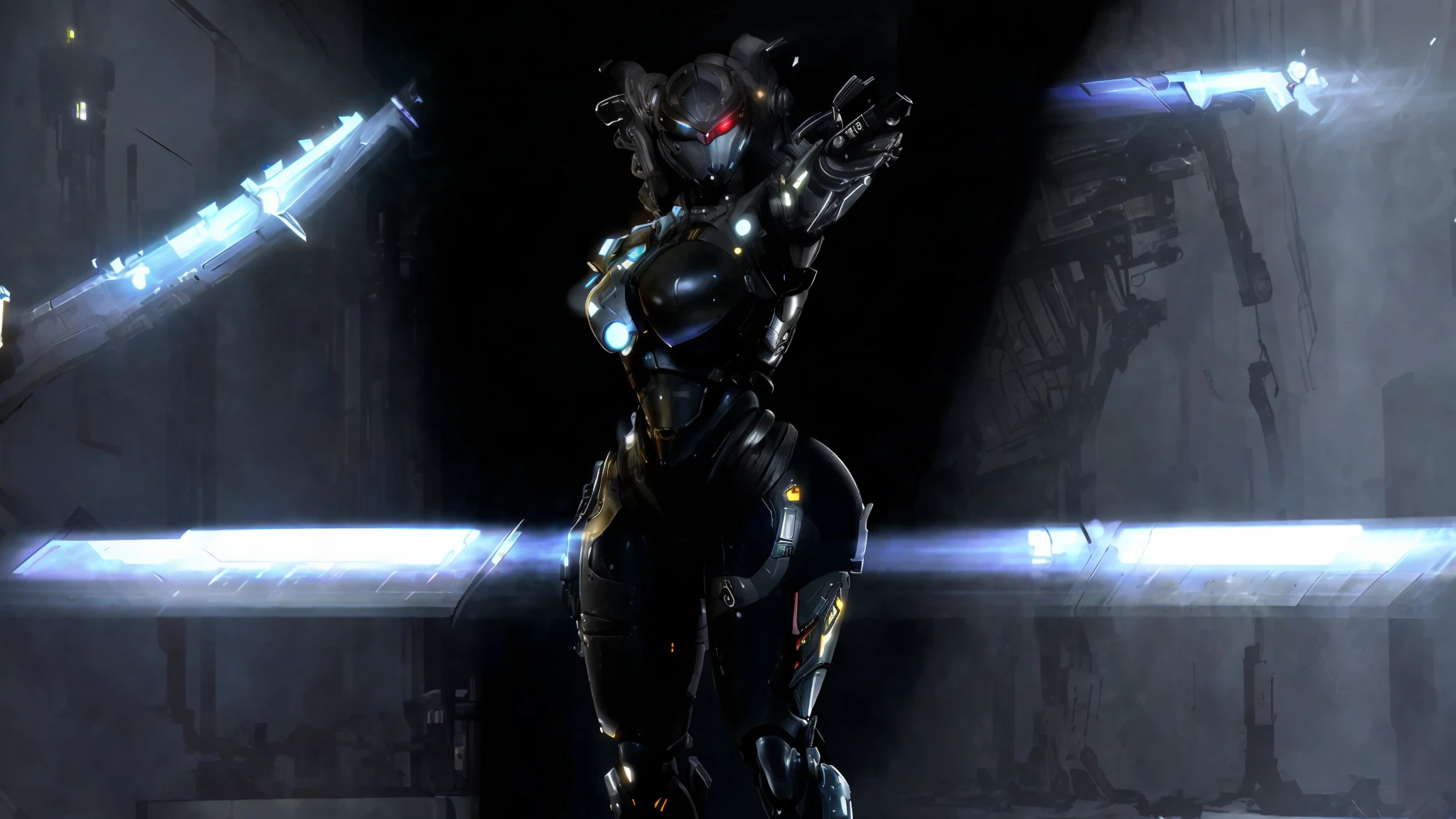 there is a black statue of a woman with a red eye, gynoid cyborg body, dominatrix assassin robot, thick smooth warframe thighs, gynoid body, pregnant female cyborg, cybersuit, goth cybersuit, dominatrix robot, oppai cyberpunk, cybernetic body, of a beautiful female warframe, thick warframe legs