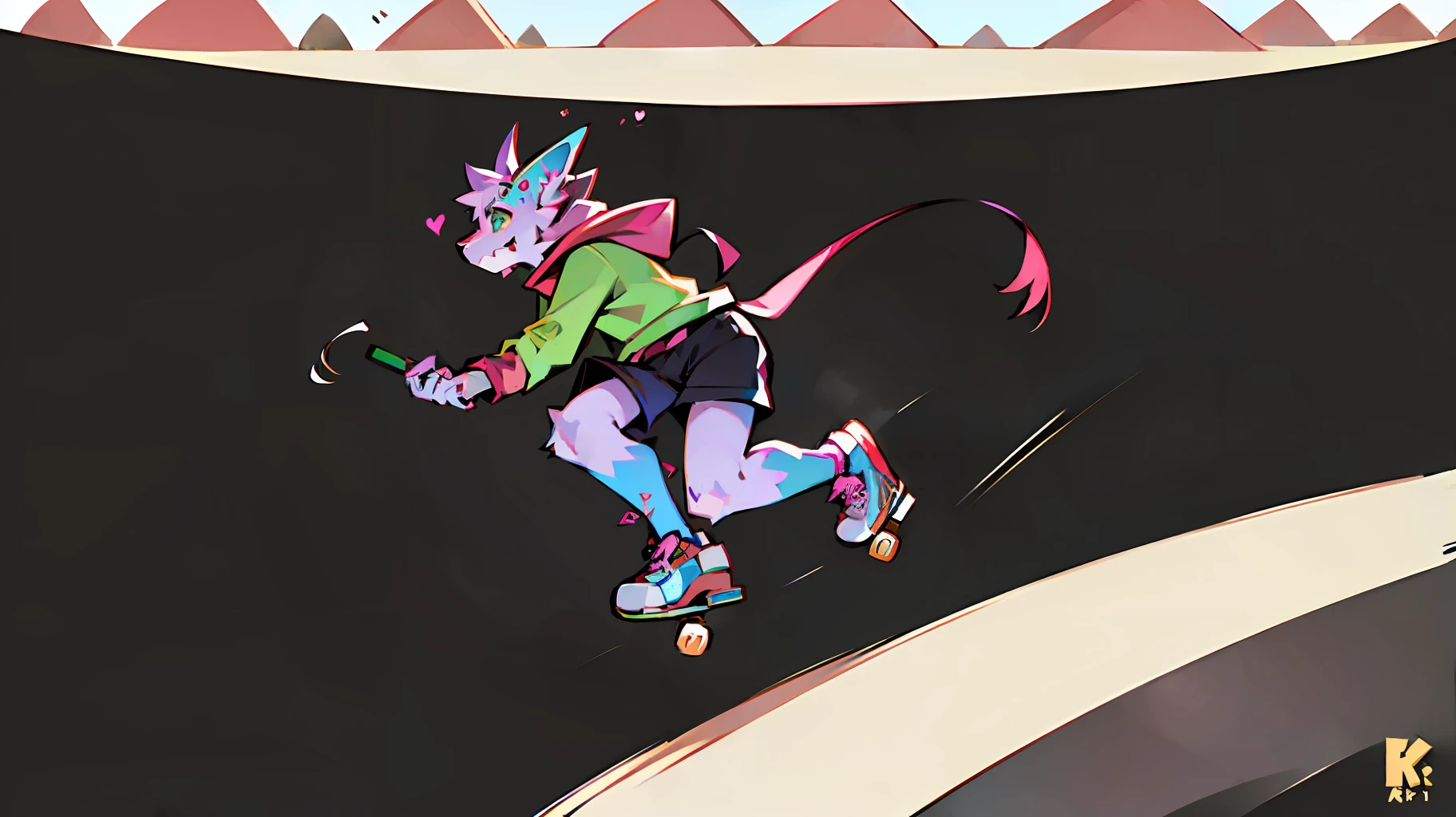 In the open field, a furry dragon wearing a hoodie, with a pink triangle scarf and shorts sneakers, playing skateboarding, thick paint style, (best picture quality: 1.2), (absolute masterpiece: 1.2), (super fine 8K wallpaper: 1.2), (clear), (suitable for art books: 1.1)
