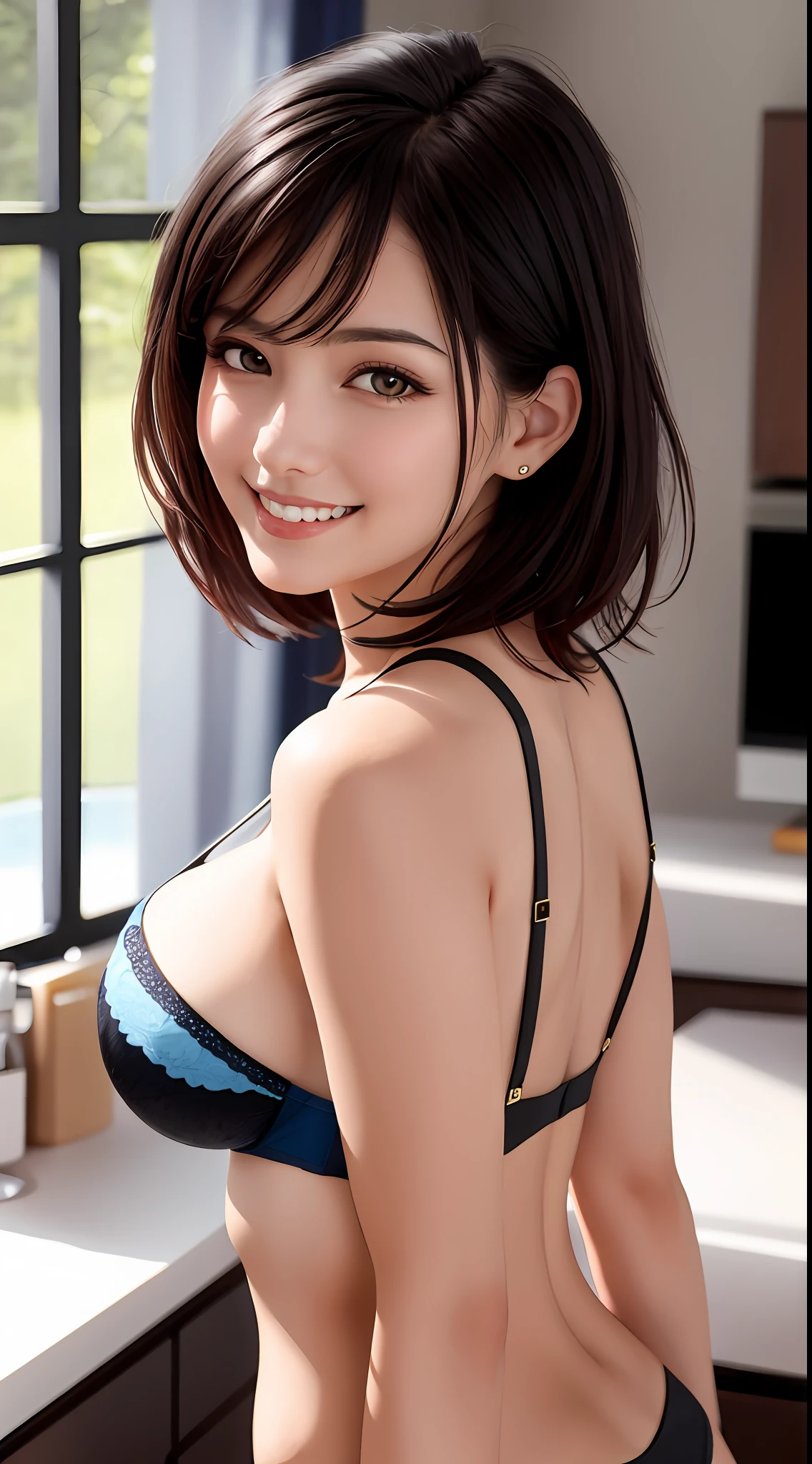 Best Quality, Masterpiece, 1 Girl, Beautiful Face, Large Breasts, Upper Body, Black Hair, Short Hair, Blue Underwear, Smile, Beautiful Ass