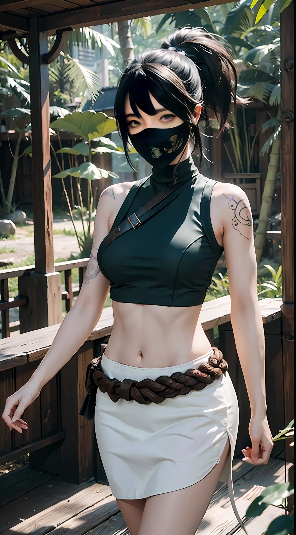 (Masterpiece, Best Quality, Very Detailed, 8K, Wallpaper, Hyperdetail), Fantasy, (Masterpiece: 1.5), (Best Quality), Highly Detailed, Mysterious, Bamboo Forest, Falling Bamboo Leaves, Tyndall Light Ninja, Lying on the Ground, Akali, Mystic, Dark Background, Looking at the Audience, League of Legends, High Resolution, High Heels, Glowy White Skin Made of Plastic, Pantyhose, Pencil Skirt, Arm Tattoo, Bangs, Shirt, Thick Legs, Green Shirt, Hair Between Eyes, Hip Vents, Long Bangs, long hair, mask, midriff, ninja, ponytail, rope strap, belt bag, shirt, solo, stomach tattoo, tattoo