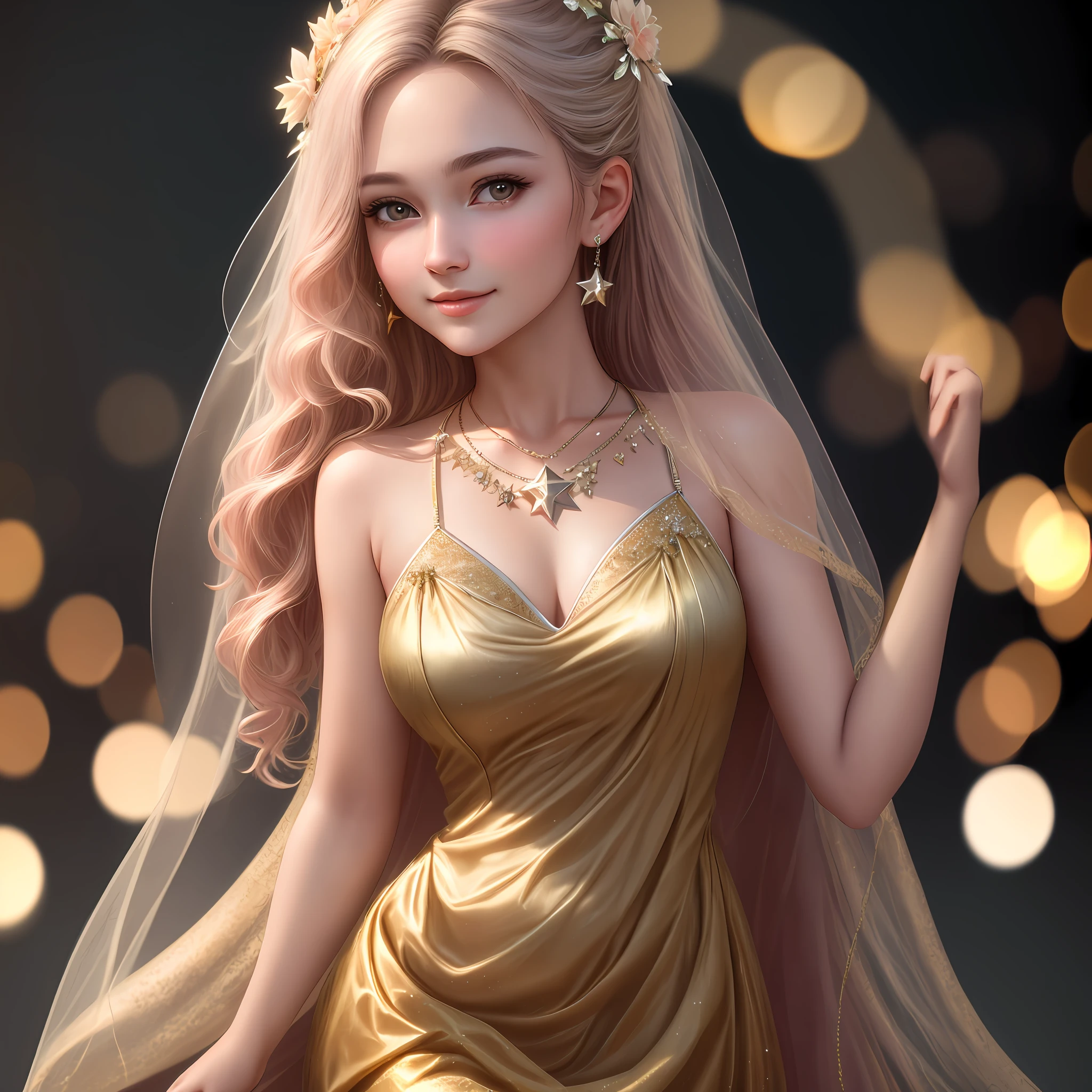 best quality, masterpiece, highres, 1girl,blush,(seductive smile:0.8),star-shaped pupils,necklace, jewelry,Beautiful face,upon_body, tyndall effect,photorealistic, dark studio, rim lighting, two tone lighting,(high detailed skin:1.2), 8k uhd, dslr, soft lighting, high quality, volumetric lighting, candid, Photograph, high resolution, 4k, 8k, Bokeh,beautiful dress