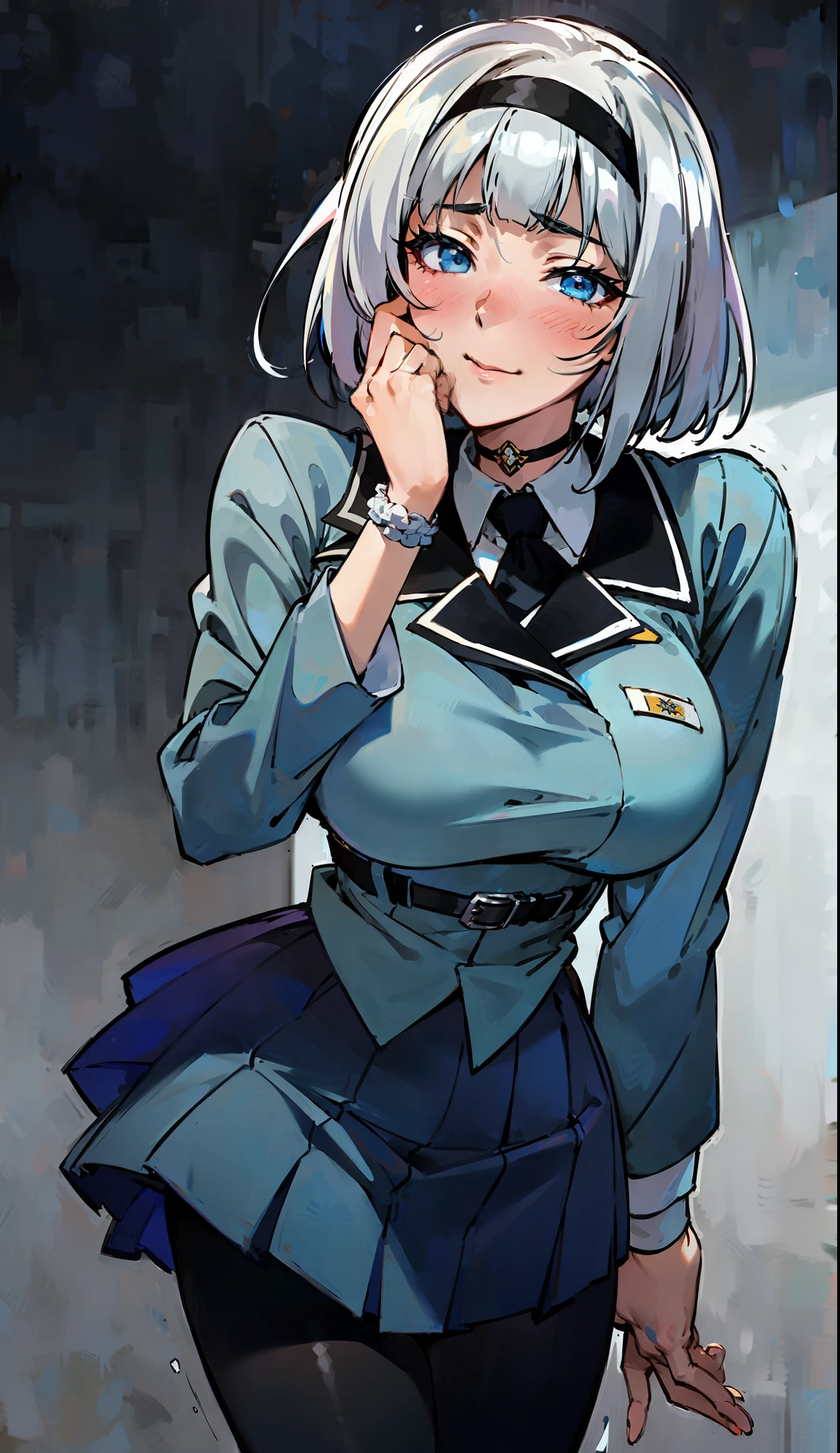 masterpiece, 8k, 4k, high quality, lustful anime girl with short silver hair and sea blue eyes, wearing black headband, gapmoe yandere in ecstacy, hands on face, flaunting luscious hips and massive breasts, wearing an untucked white school t-shirt with a buttoned up grey school overcoat, wearing a long blue school skirt and black leggings, https://www.pixiv.net/en/artworks/51735719, artist クシャビリア, anime shimoneta, pixiv top rankings, danbooru top rankings, good artist,