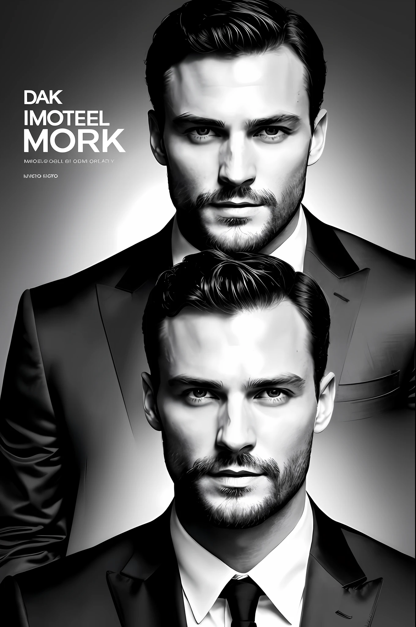 create a ceo wearing suit ), film 007 James Bond (Moreno with symmetrical face of model), wearing dark beard, dark short hair, magazine cover style, man similar to actor jamie dornan, (high quality and realistic image), black dark background, cinematic style, ((Best quality, 8k, Masterpiece).