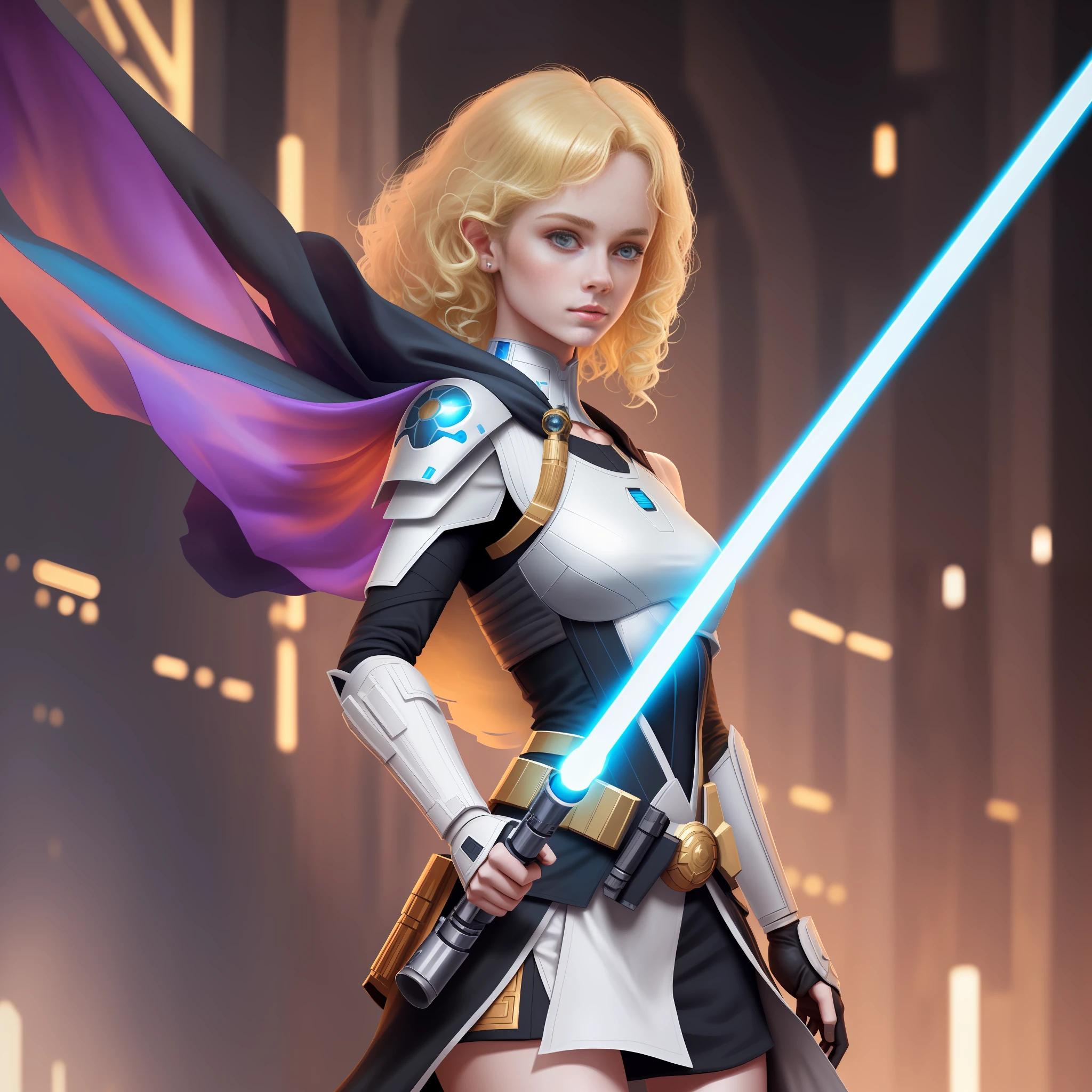 (high quality, ultra detailed, perfect anatomy, masterpiece) 1girl, star wars, jedi knight, female body, pale skin, flat chest, ((small boobs)), curly hair, masterpiece, 4k, uhd, {{ultra quality}}, ((high quality)), detailed background, ((small breasts)), ((blonde hair)), ((gold hair)), ultra high res, cinematic lighting, ambient lighting, sidelighting, Exquisite details and textures, very attractive Beautiful model girl, (full body),