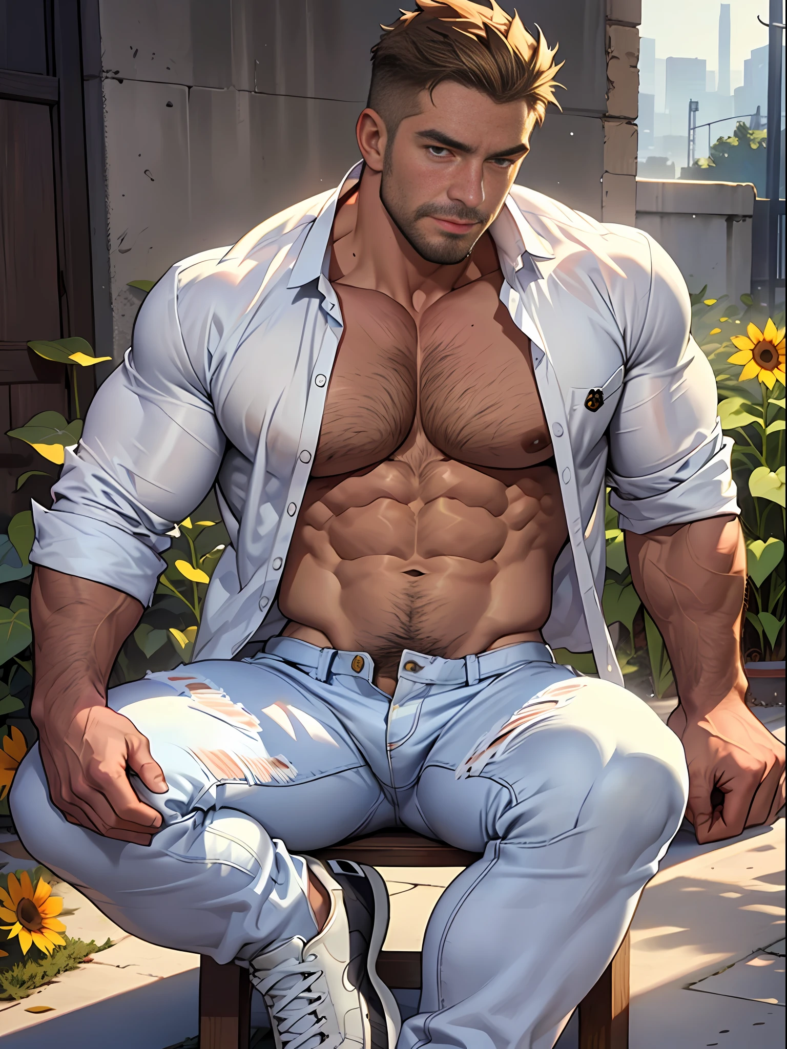 30 years old, male, white inch, stubble, huge muscles, mature man, muscle swelling, bodybuilding, pectoral muscles, abs, lots of sunflowers, sitting, wearing white shirt, open shirt, jeans, sneakers, natural light, wheat-colored skin, 1man,