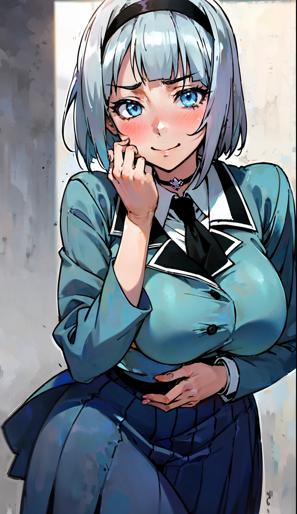 masterpiece, 8k, 4k, high quality, lustful anime girl with short silver hair and sea blue eyes, wearing black headband, gapmoe yandere in ecstacy, hands on face, flaunting luscious hips and massive breasts, wearing an untucked white school t-shirt with a buttoned up dark grey school overcoat, wearing a long blue school skirt and black leggings, https://www.pixiv.net/en/artworks/51735719, artist クシャビリア, anime shimoneta, pixiv top rankings, danbooru top rankings, good artist,