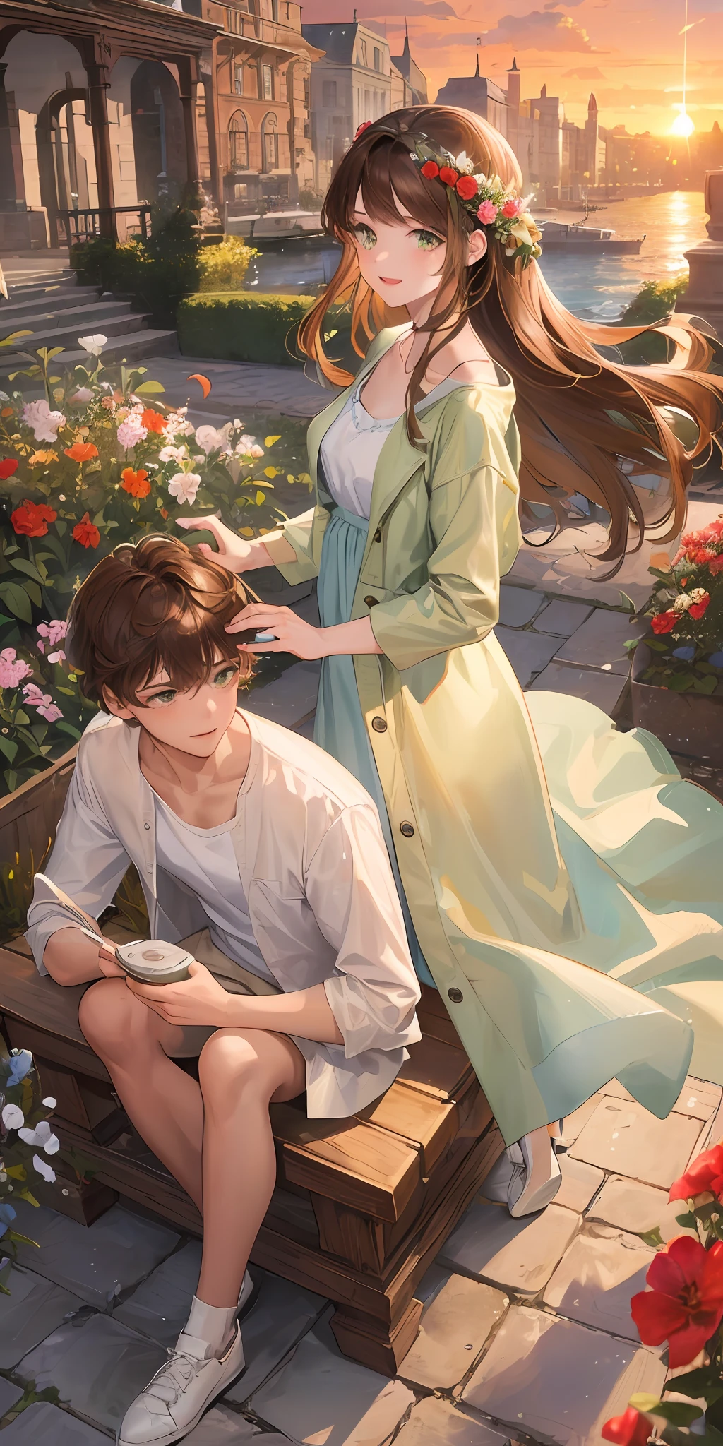 ((masterpiece)), best quality, ultra detailed, CG drawing of romantic couple in amazing and idyllic landscape, romantic atmosphere, featured details; Man with brown hair and green eyes, white T-shirt and denim coat, woman with long brown hair, red dress with flowers and white shoes, radiant smile, in the light of the sunset.