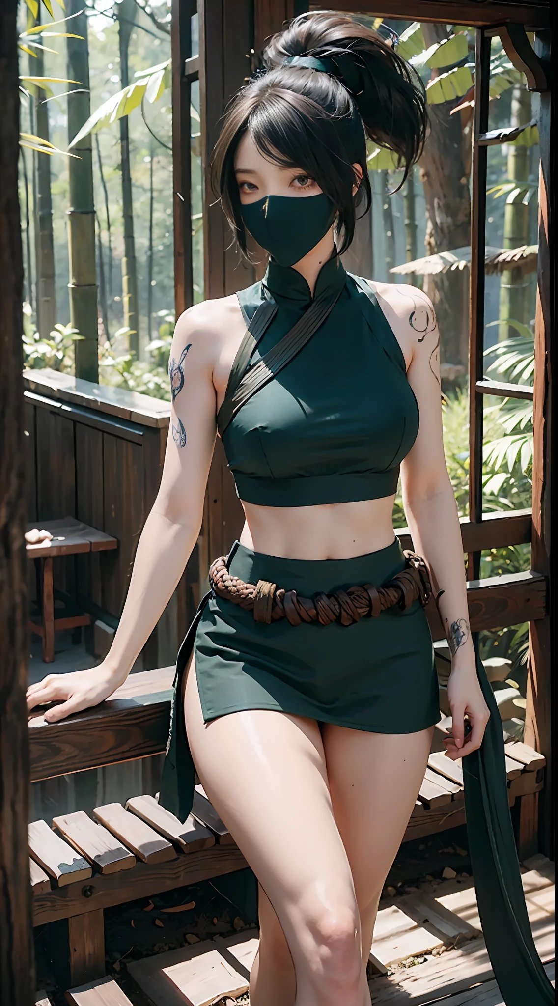 (Masterpiece, Best Quality, Very Detailed, 8K, Wallpaper, Hyperdetail), Fantasy, (Masterpiece: 1.5), (Best Quality), Highly Detailed, Mysterious, Bamboo Forest, Falling Bamboo Leaves, Tyndall Light Ninja, Lying on the Ground, Akali, Mystic, Dark Background, Looking at the Audience, League of Legends, High Resolution, High Heels, Glowy White Skin Made of Plastic, Pantyhose, Pencil Skirt, Arm Tattoo, Bangs, Shirt, Thick Legs, Green Shirt, Hair Between Eyes, Hip Vents, Long Bangs, long hair, mask, midriff, ninja, ponytail, rope strap, belt bag, shirt, solo, stomach tattoo, tattoo